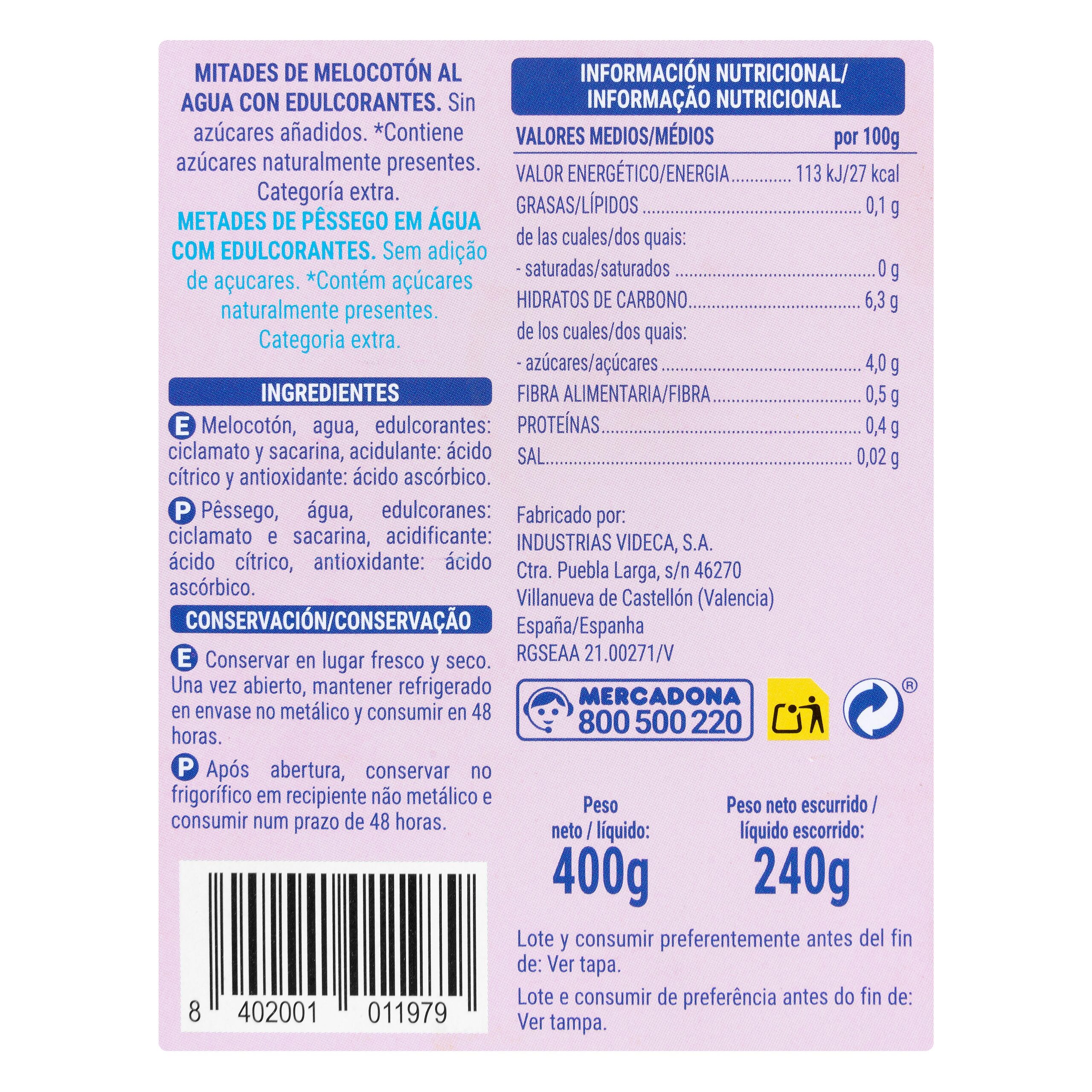 Etiqueta Melocotón light Hacendado sin azúcares añadidos