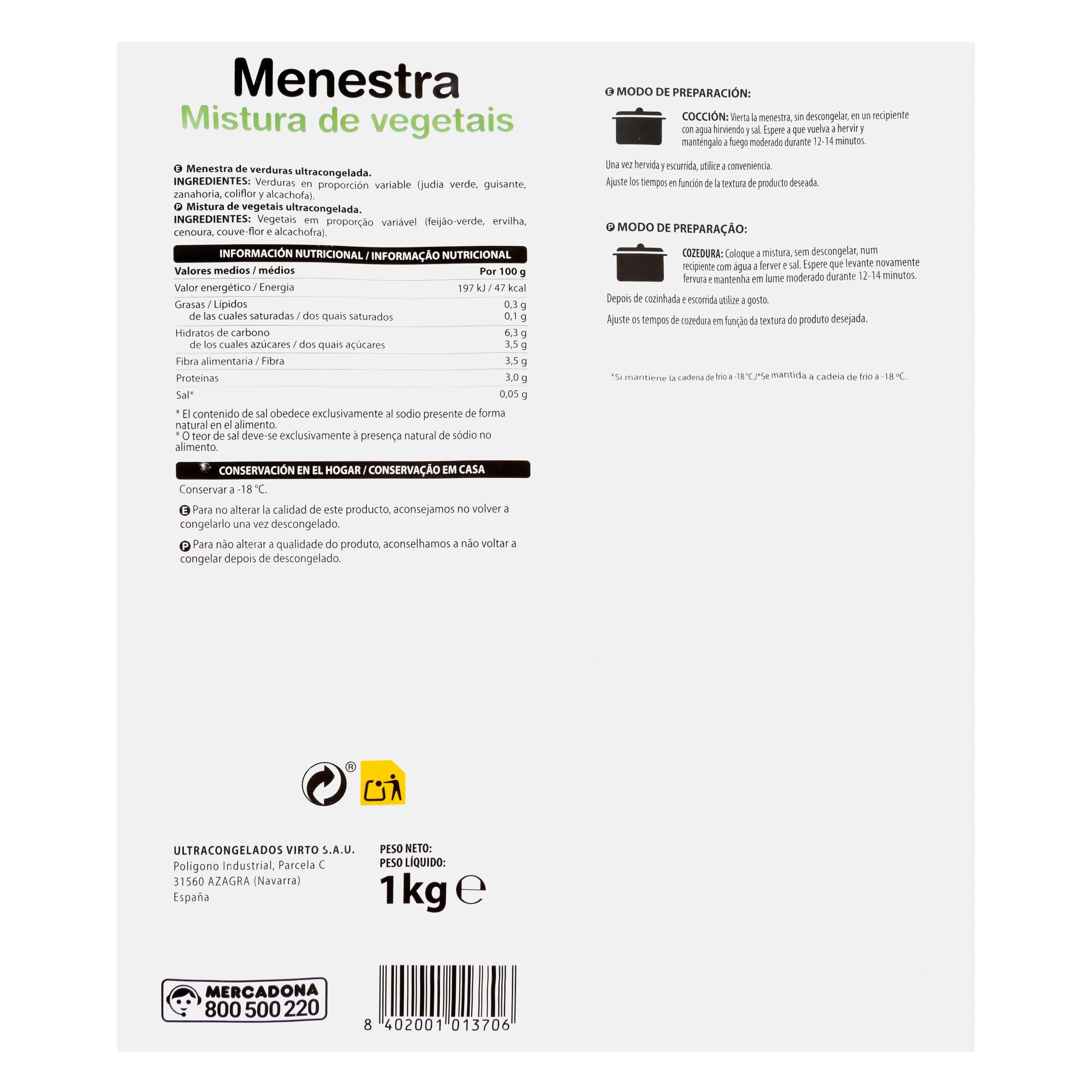 Etiqueta Menestra de verduras Hacendado ultracongelada