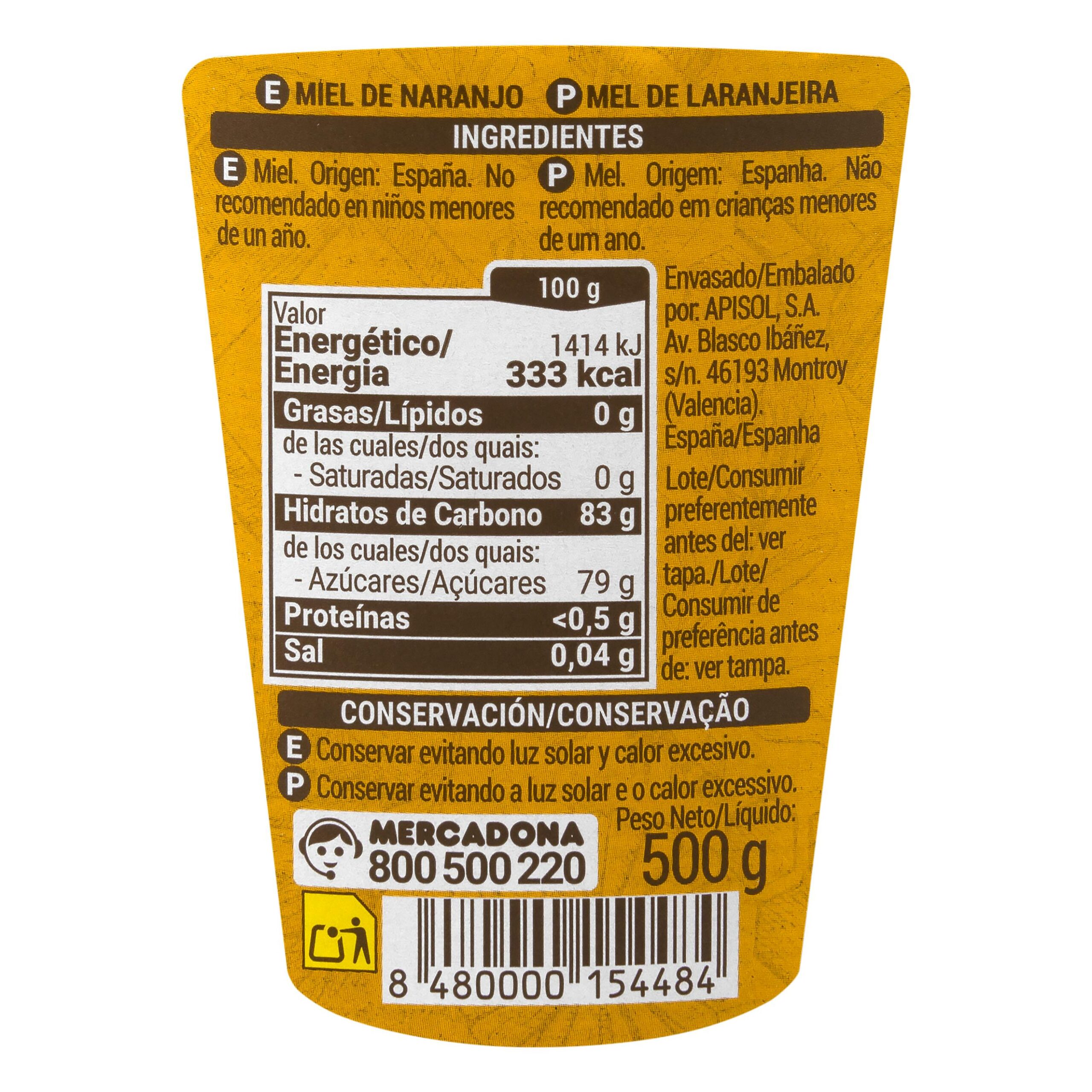 Etiqueta Miel de naranjo Hacendado