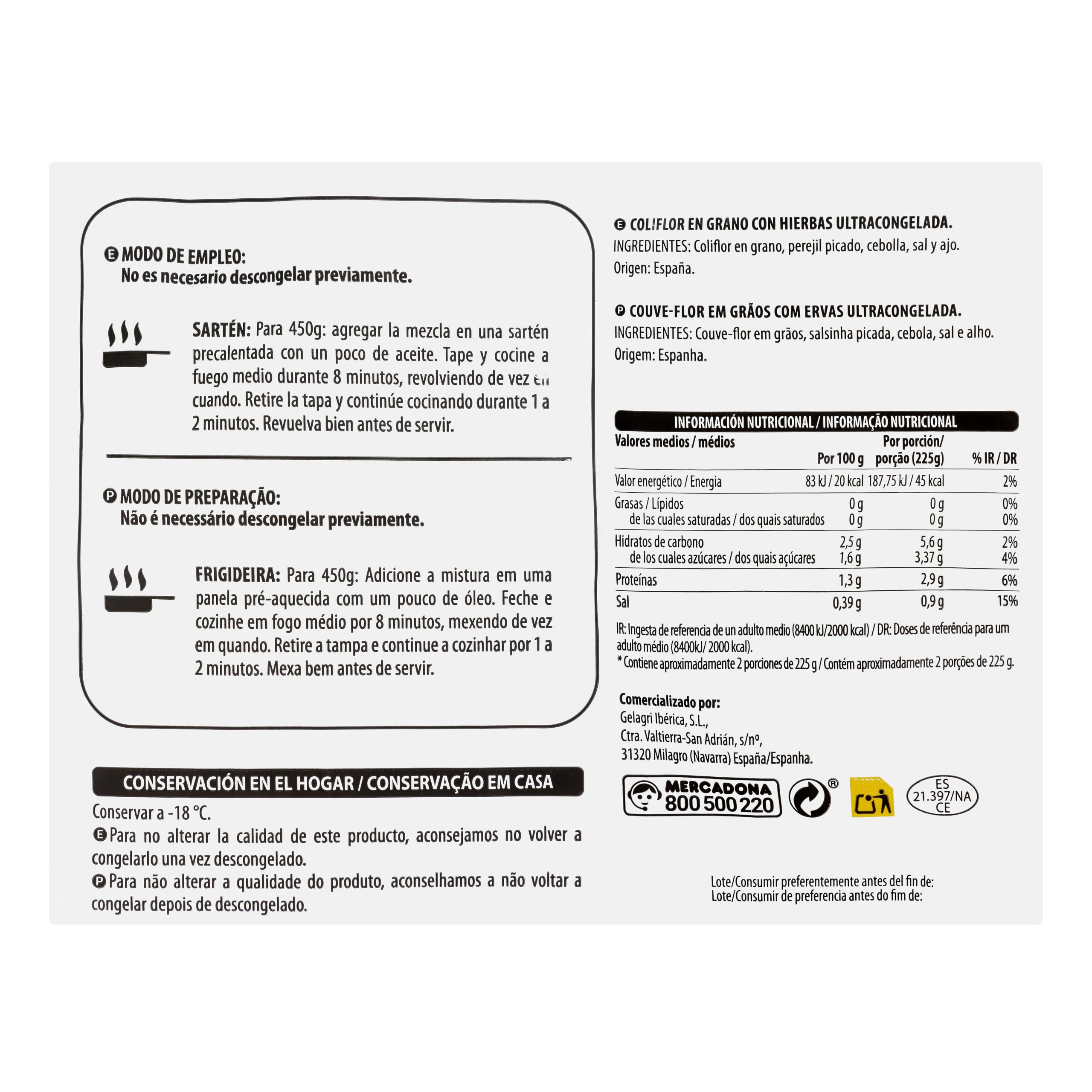 Etiqueta Migas de coliflor Hacendado ultracongeladas