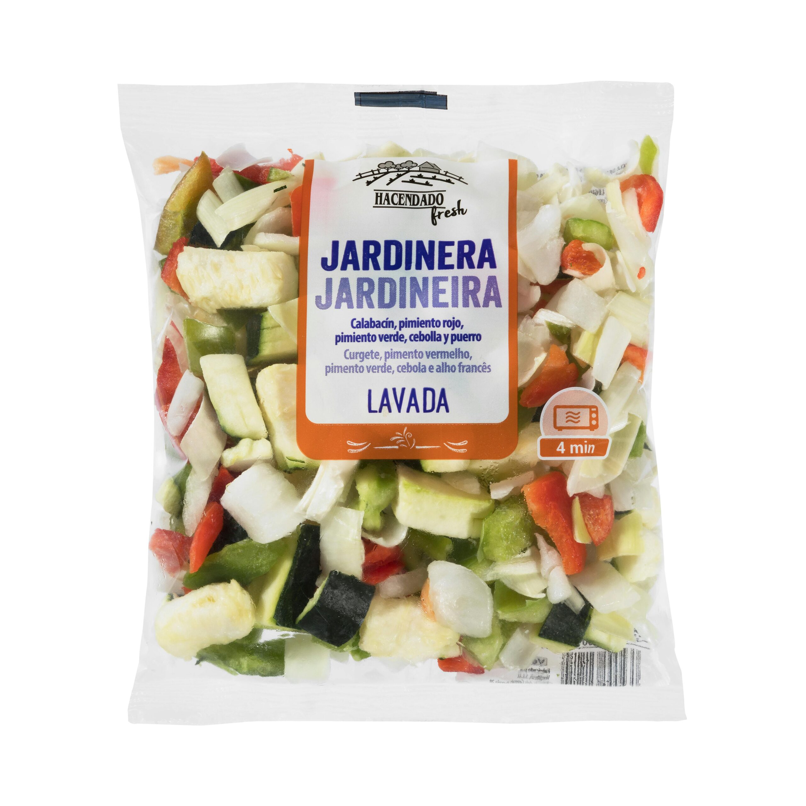 Mix de verduras jardinera para microondas compuesto por calabacín, pimiento rojo, pimiento verde, cebolla y puerro Mercadona