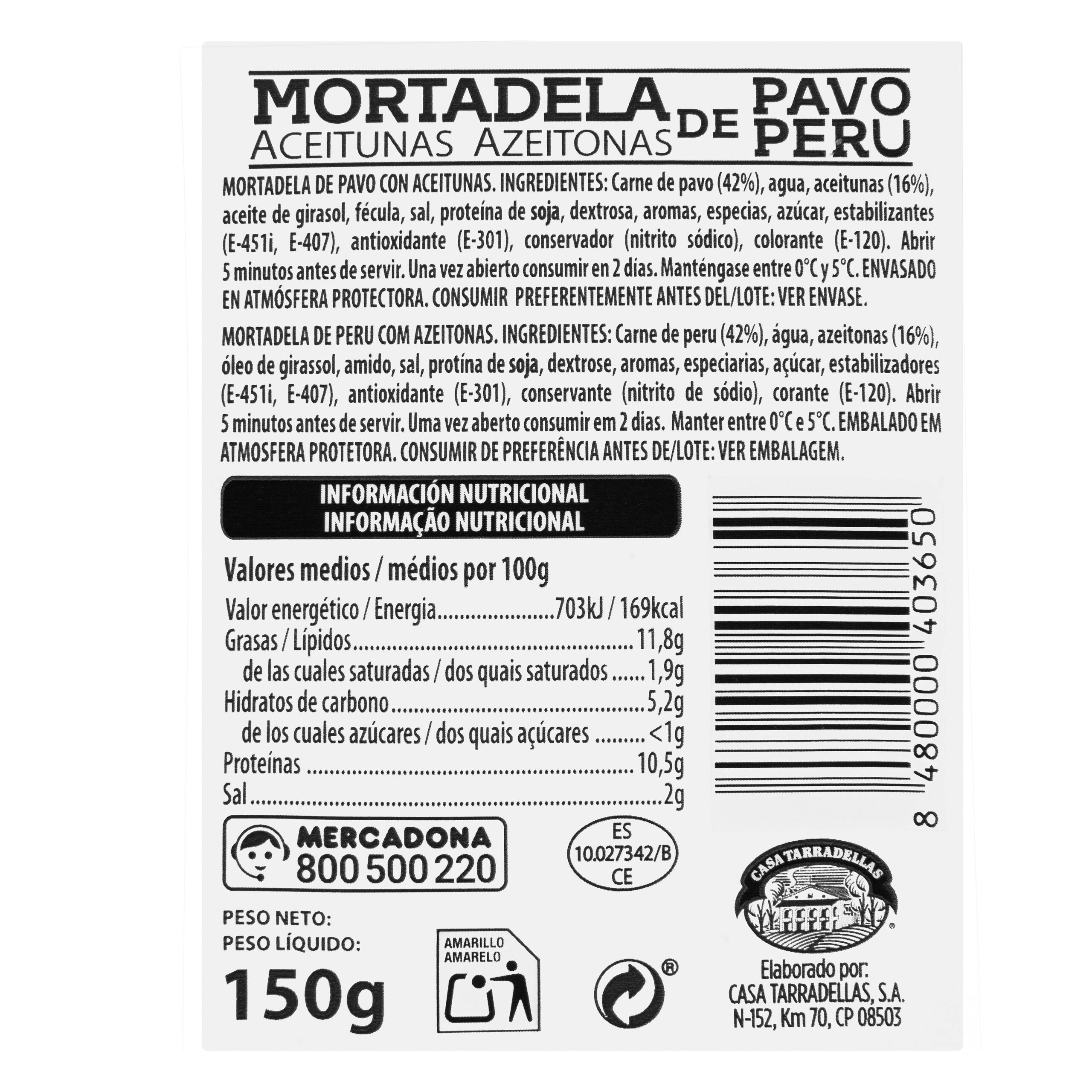 Etiqueta Mortadela de pavo con aceitunas Hacendado finas lonchas