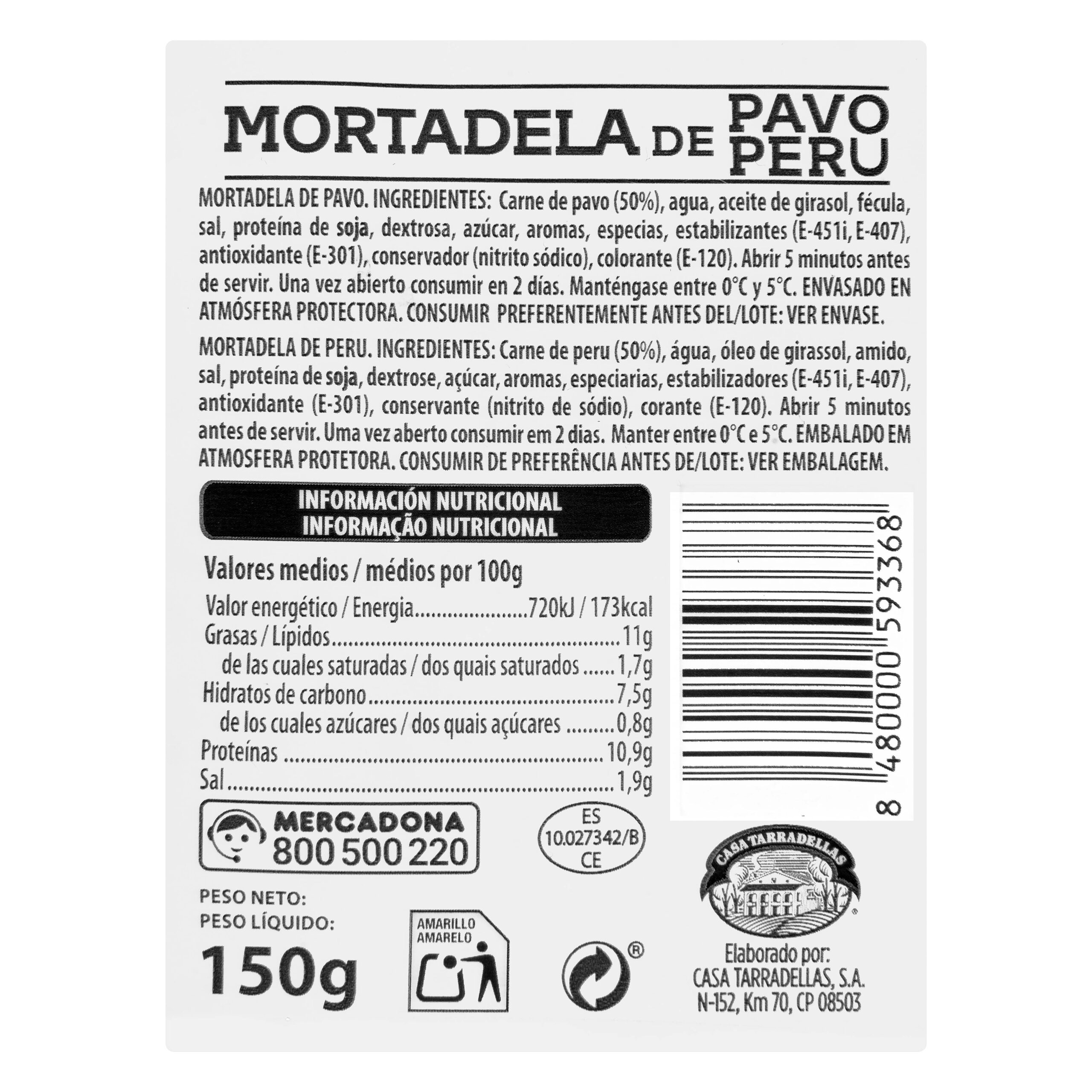 Etiqueta Mortadela de pavo Hacendado finas lonchas