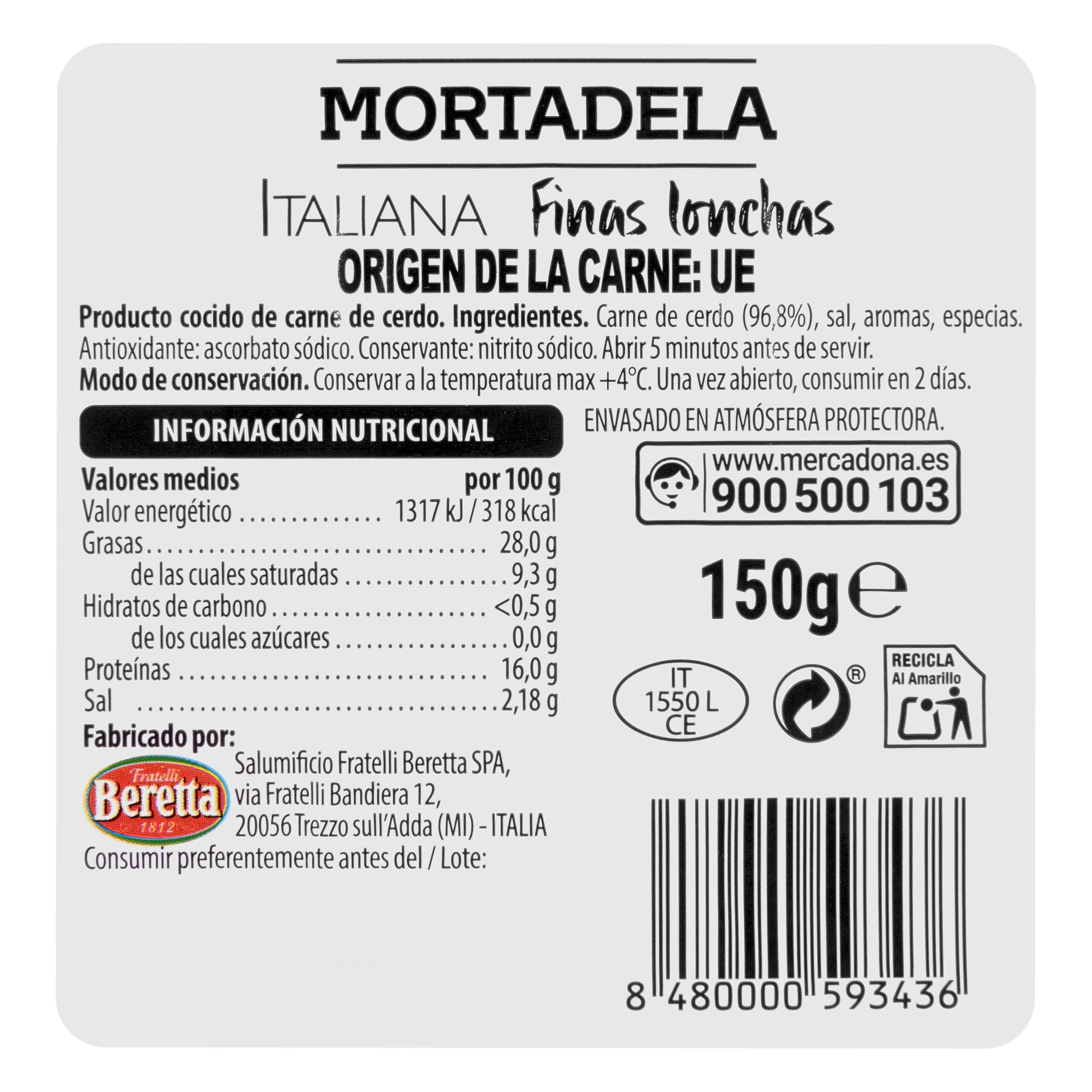 Etiqueta Mortadela italiana Hacendado finas lonchas