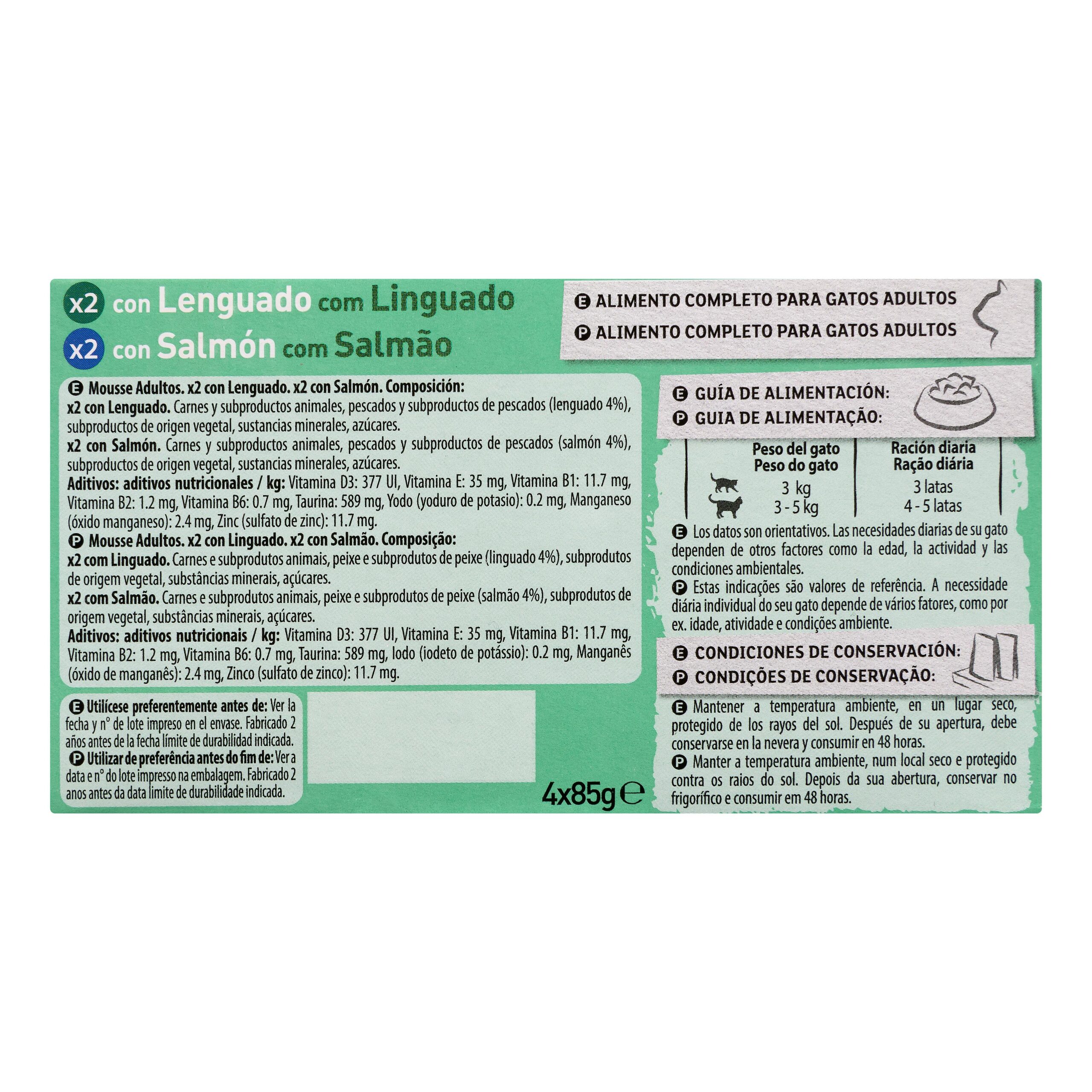 Etiqueta Mousse con lenguado y salmón gato adulto Delikuit