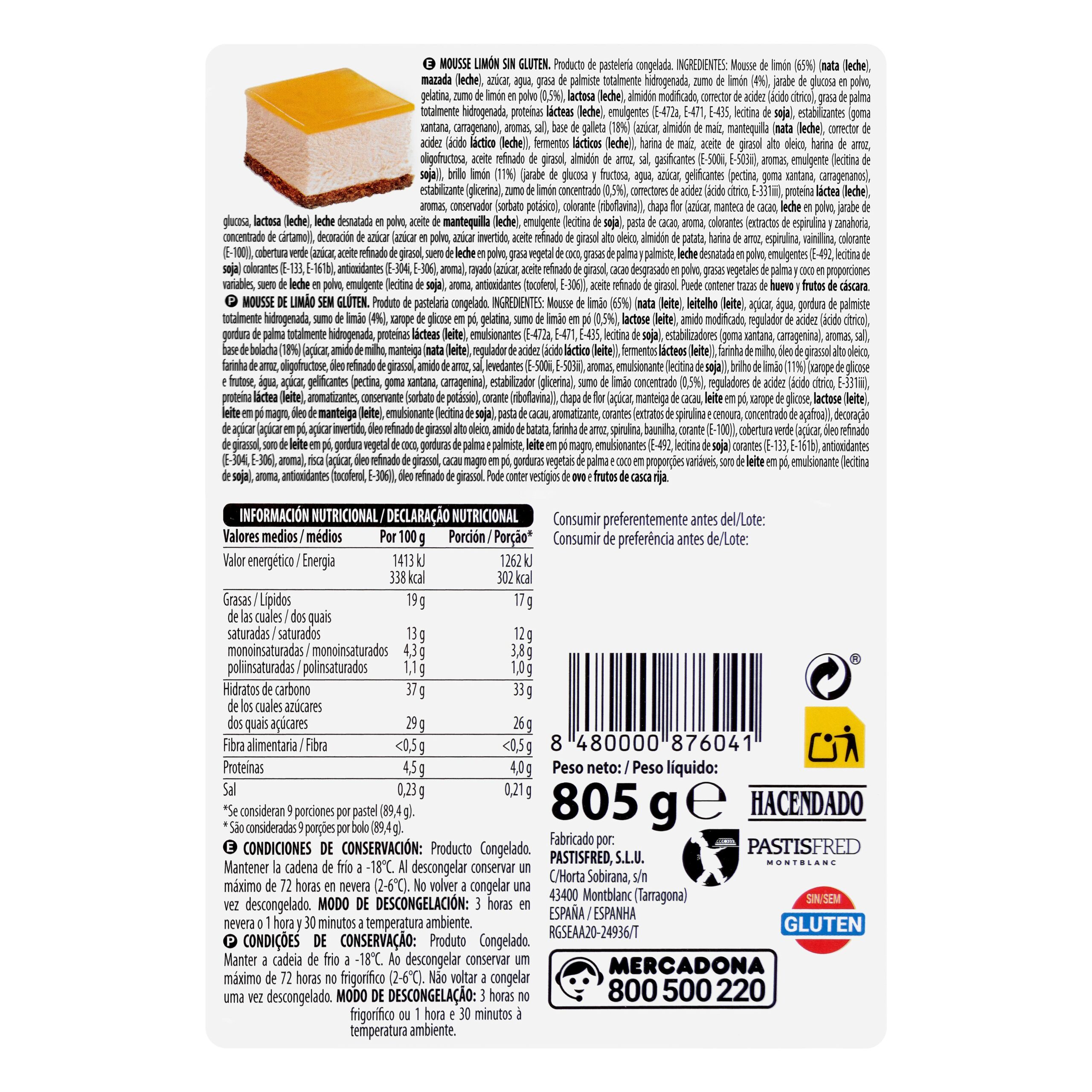 Etiqueta Mousse de limón Hacendado congelado sin gluten