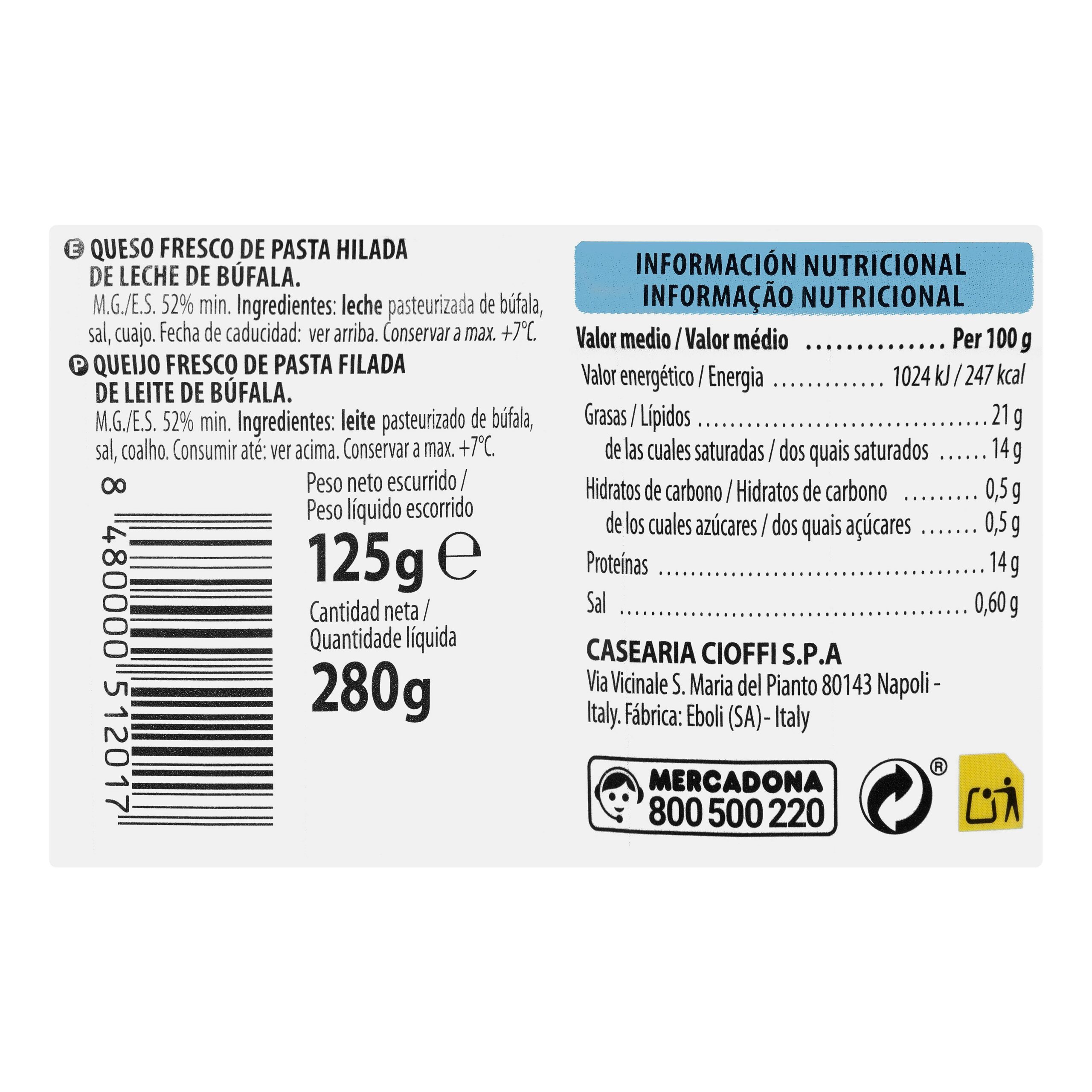 Etiqueta Mozzarella fresca di bufala campana Hacendado