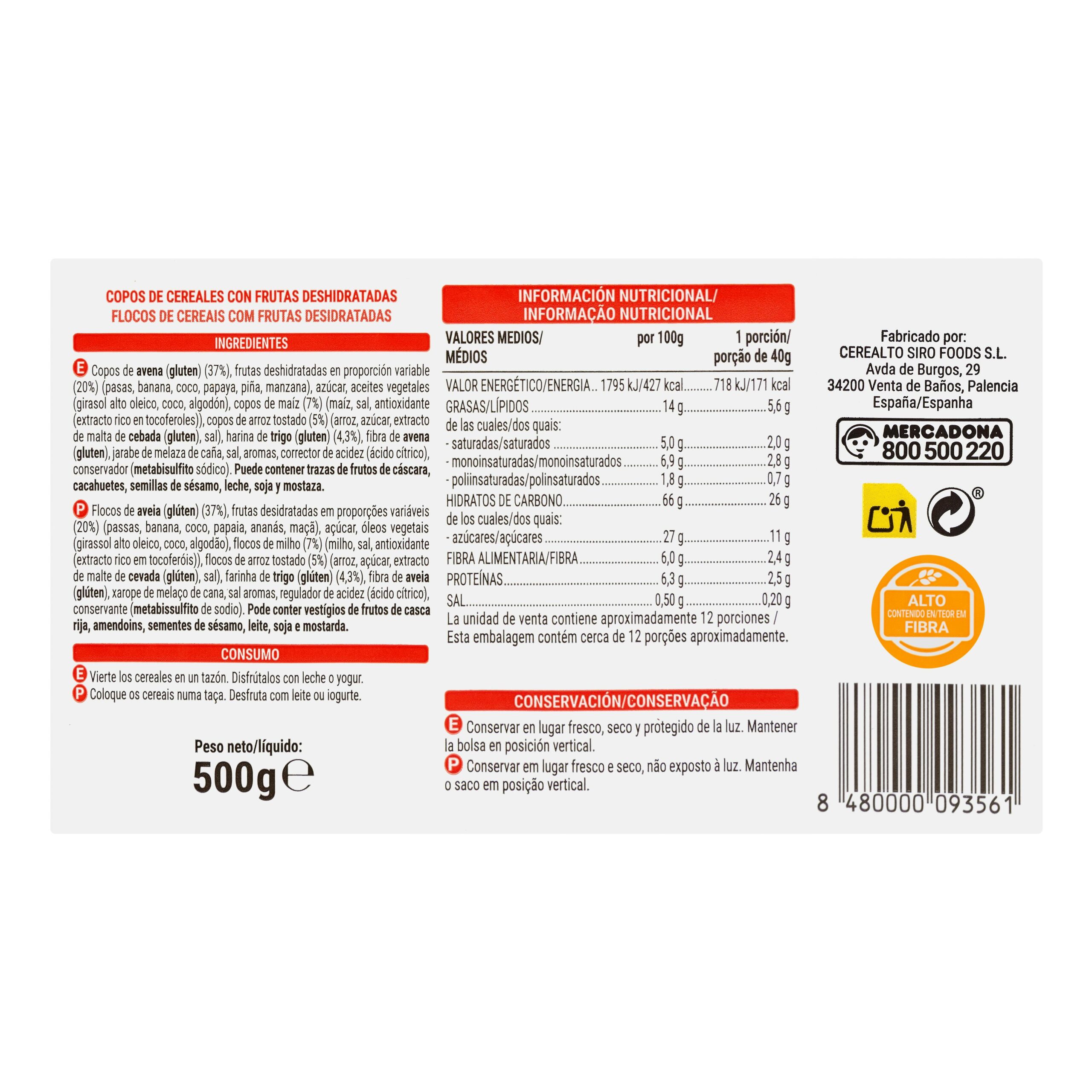 Etiqueta Muesli Crunchy Hacendado con fruta