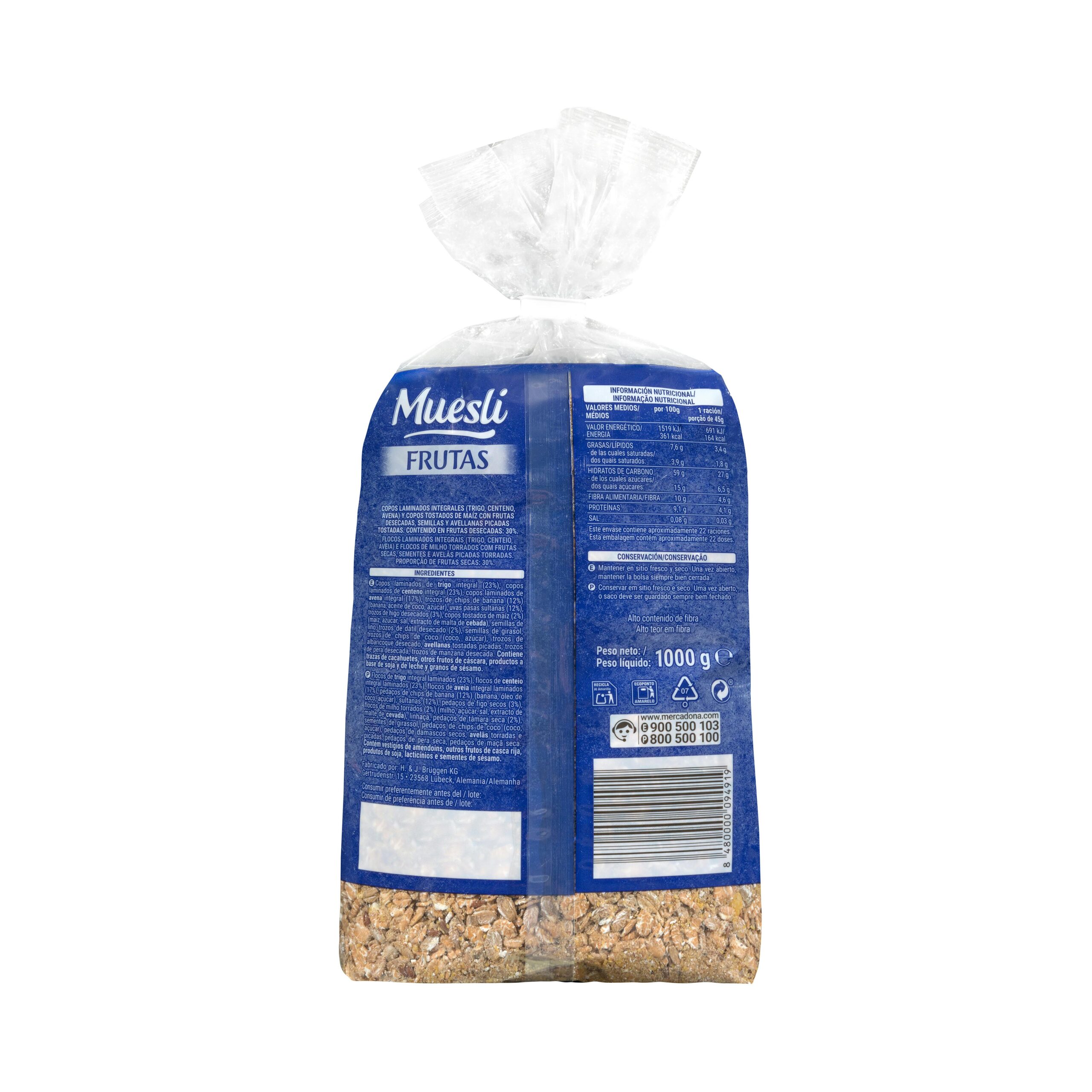 Etiqueta Muesli Hacendado con frutas