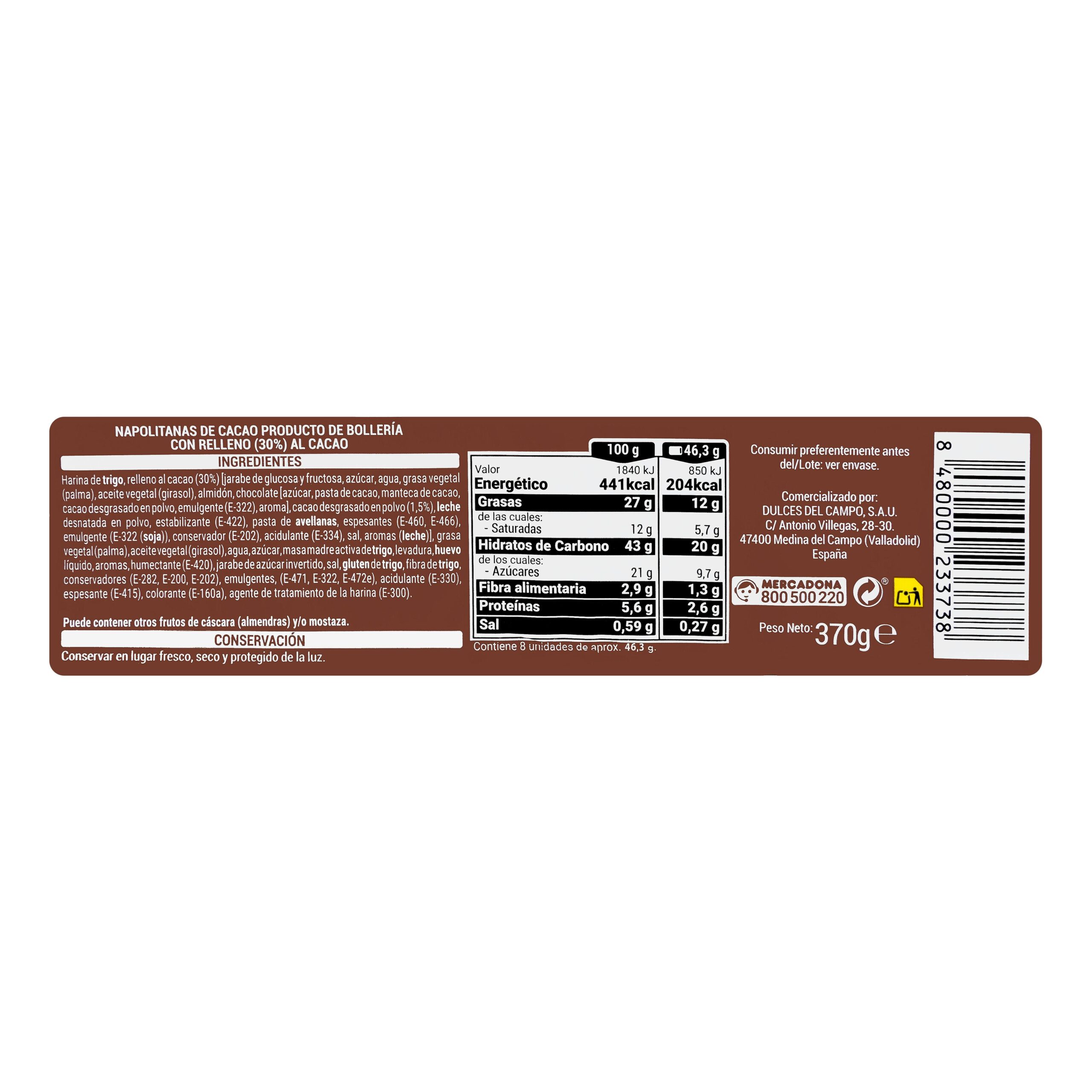 Etiqueta Napolitanas con relleno de cacao Hacendado