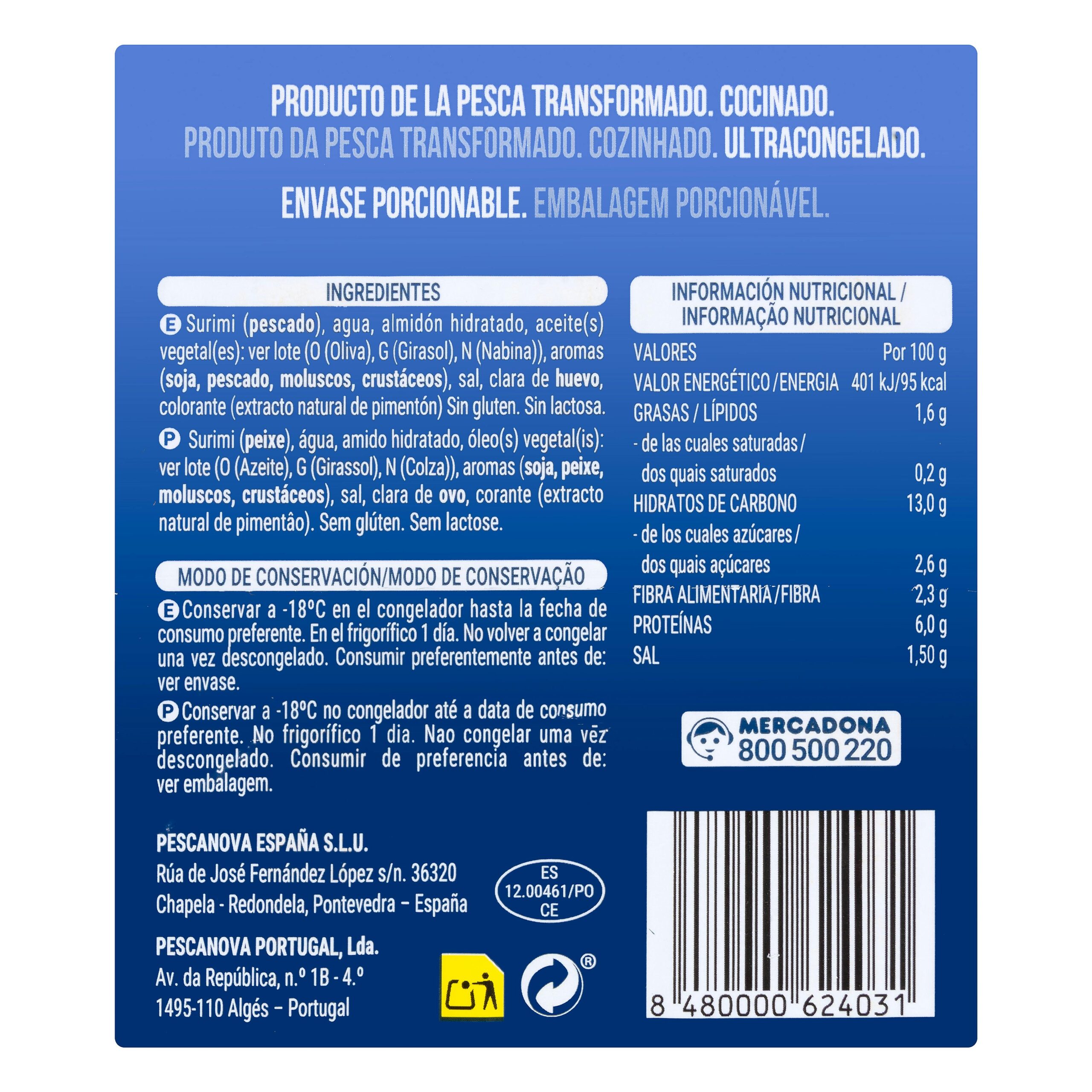 Etiqueta Palitos de surimi Hacendado ultracongelados