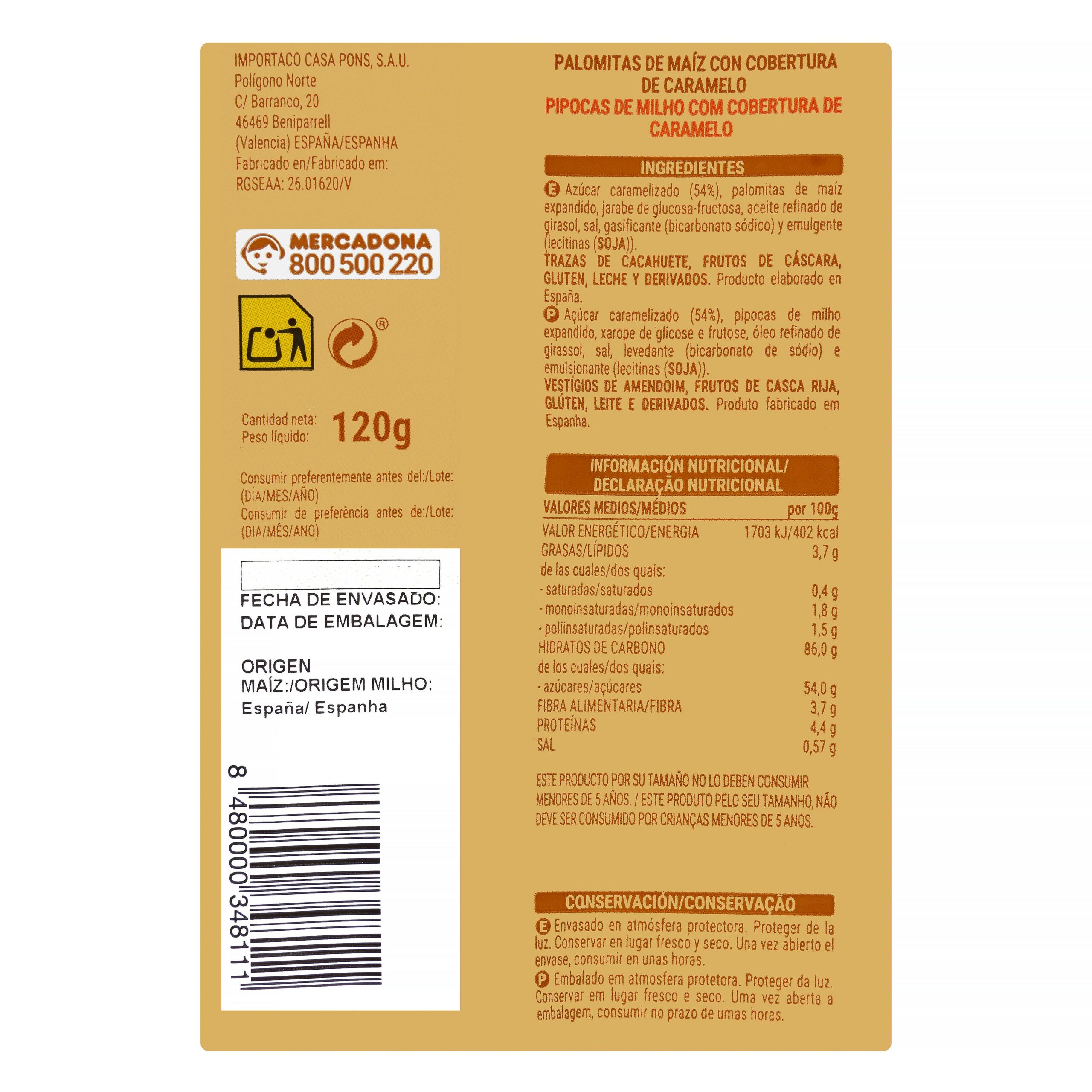 Etiqueta Palomitas caramelo Hacendado
