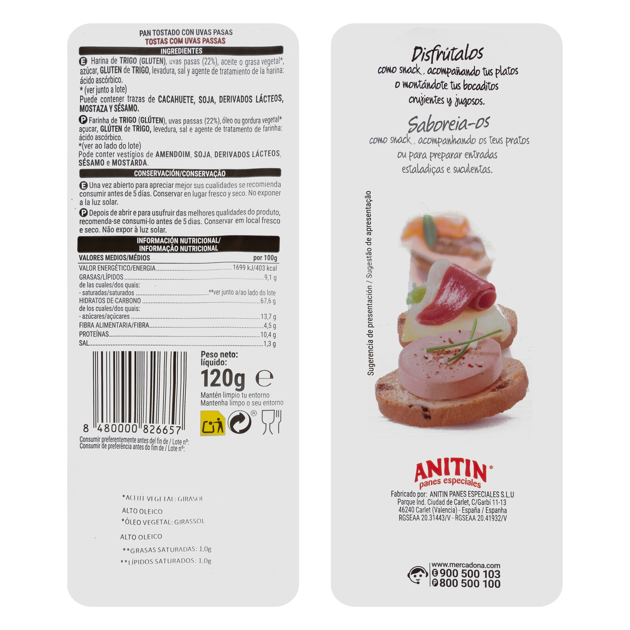 Etiqueta Pan tostado pasas Hacendado