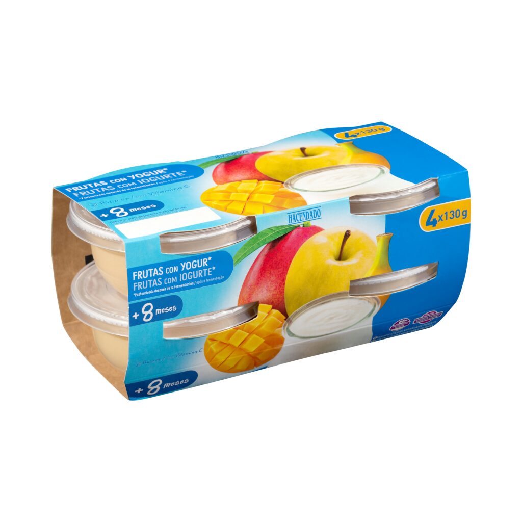 Papilla tres frutas con yogur +8 meses Hacendado compuesta por puré de frutas con yogur pasteurizado y cereales