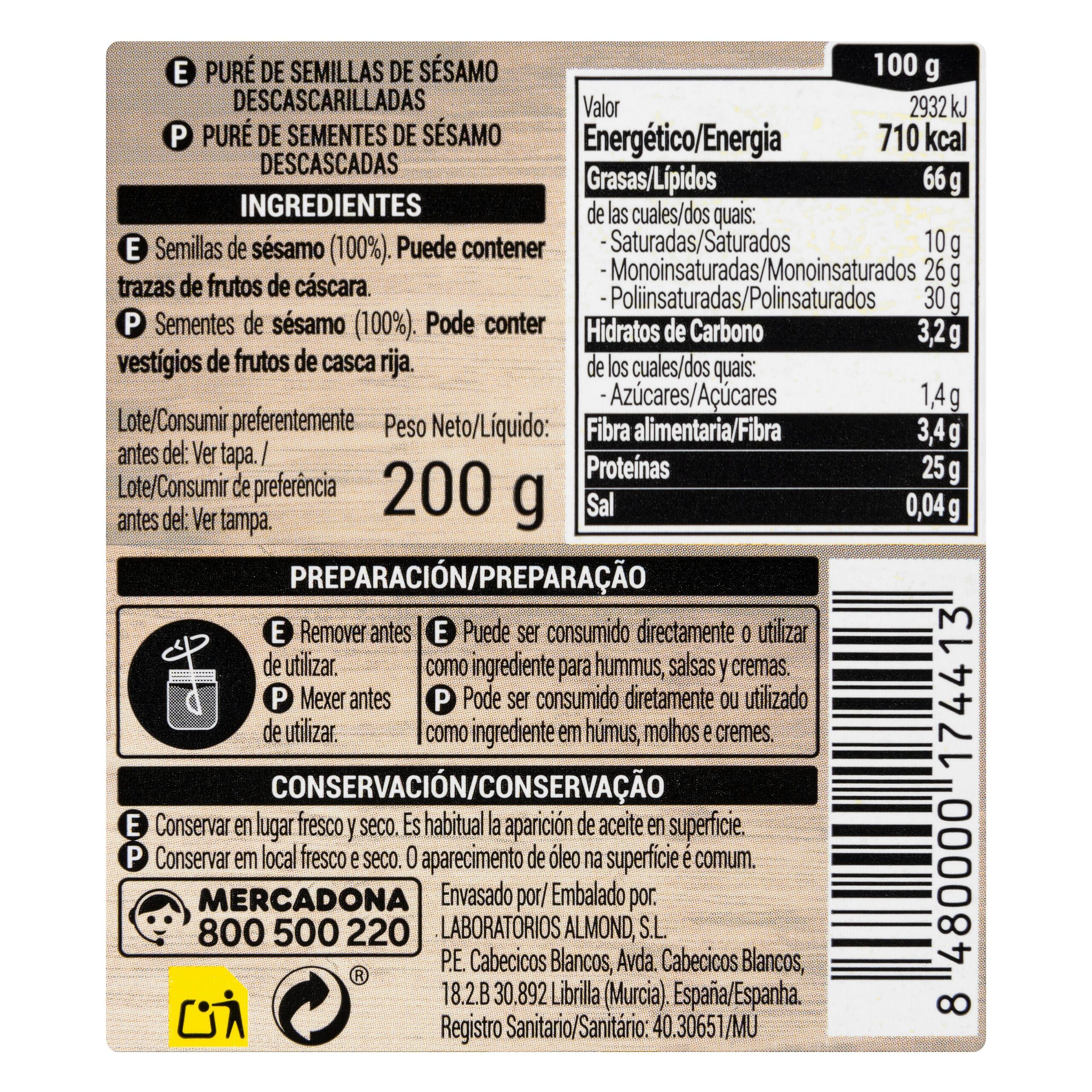 Etiqueta Pasta de sésamo Tahini Hacendado