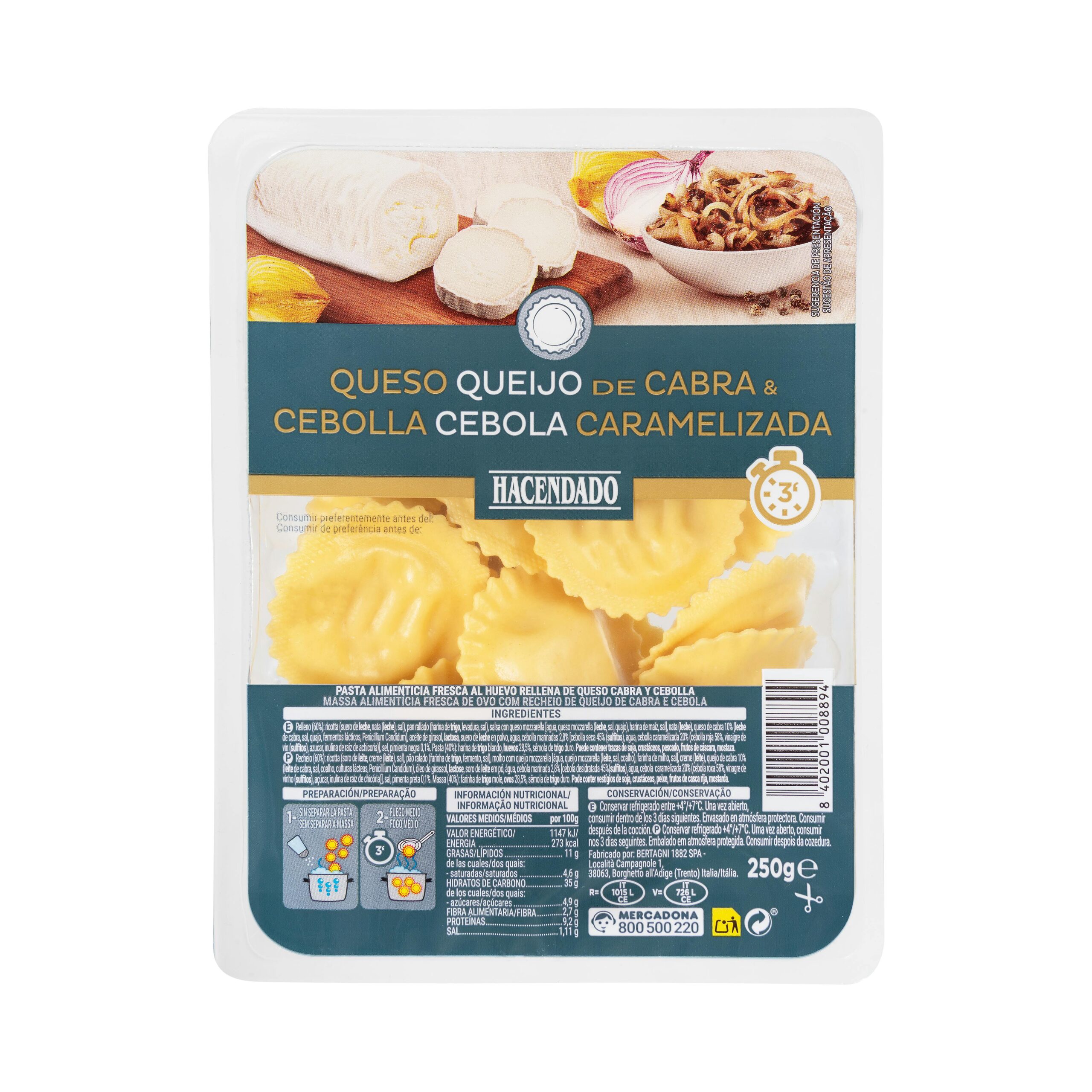 Pasta fresca girasoles queso de cabra y cebolla caramelizada Hacendado Mercadona