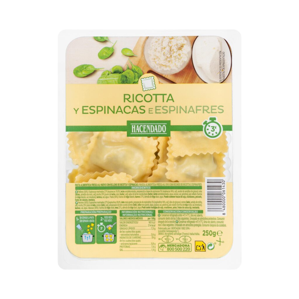 Pasta fresca ravioli ricotta y espinacas Hacendado