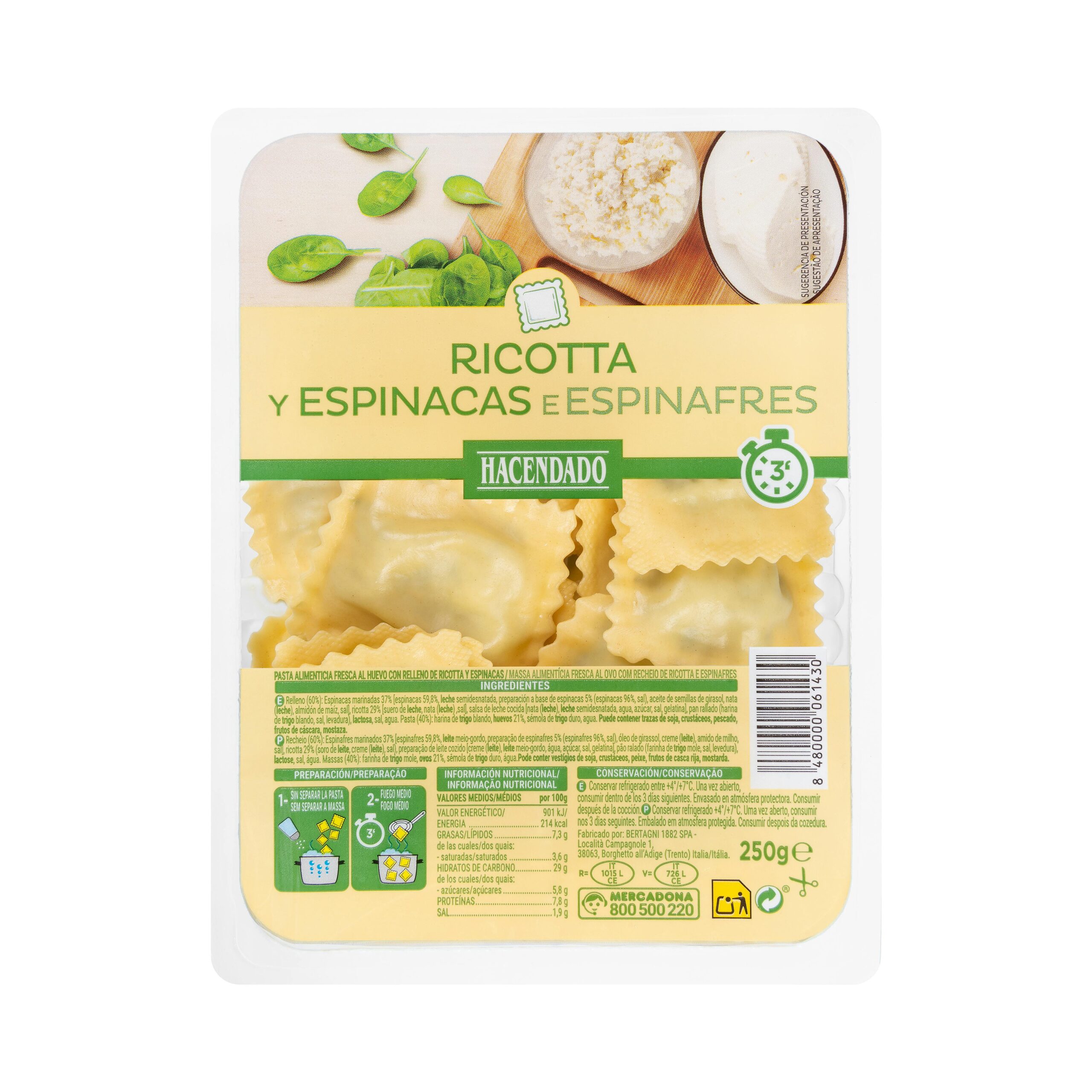 Pasta fresca ravioli ricotta y espinacas Hacendado Mercadona