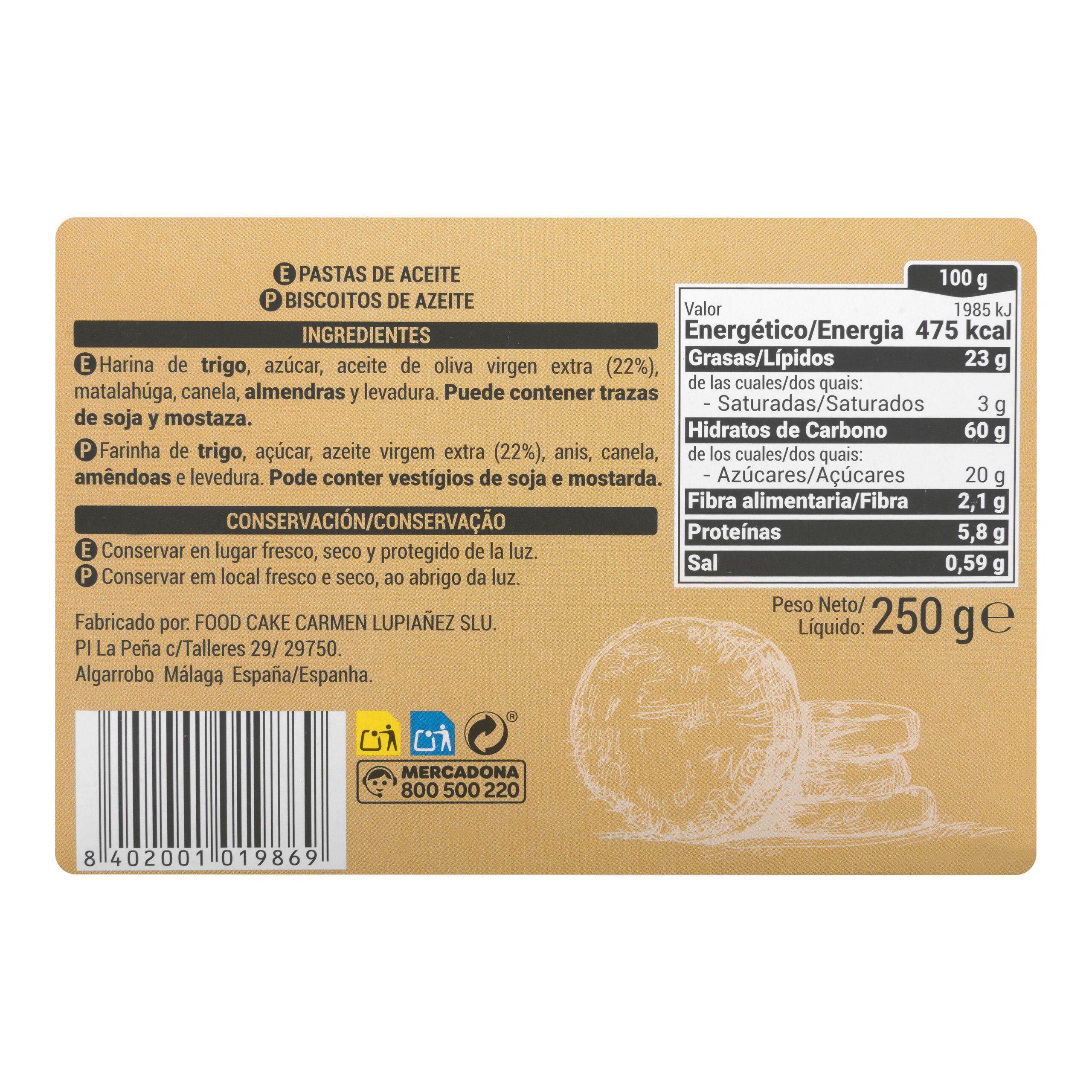 Etiqueta Pastas de aceite Hacendado