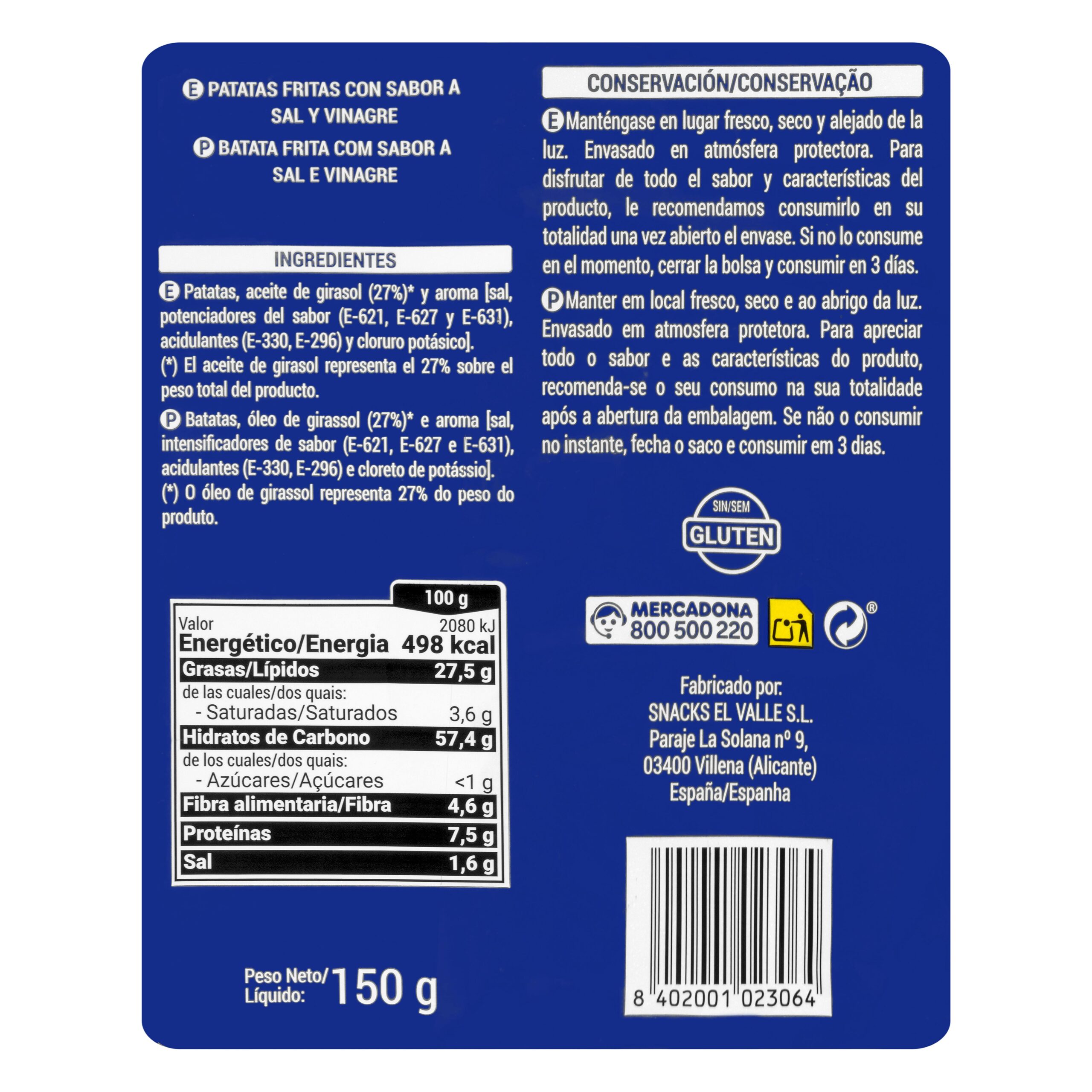 Etiqueta Patatas fritas sabor sal y vinagre Hacendado