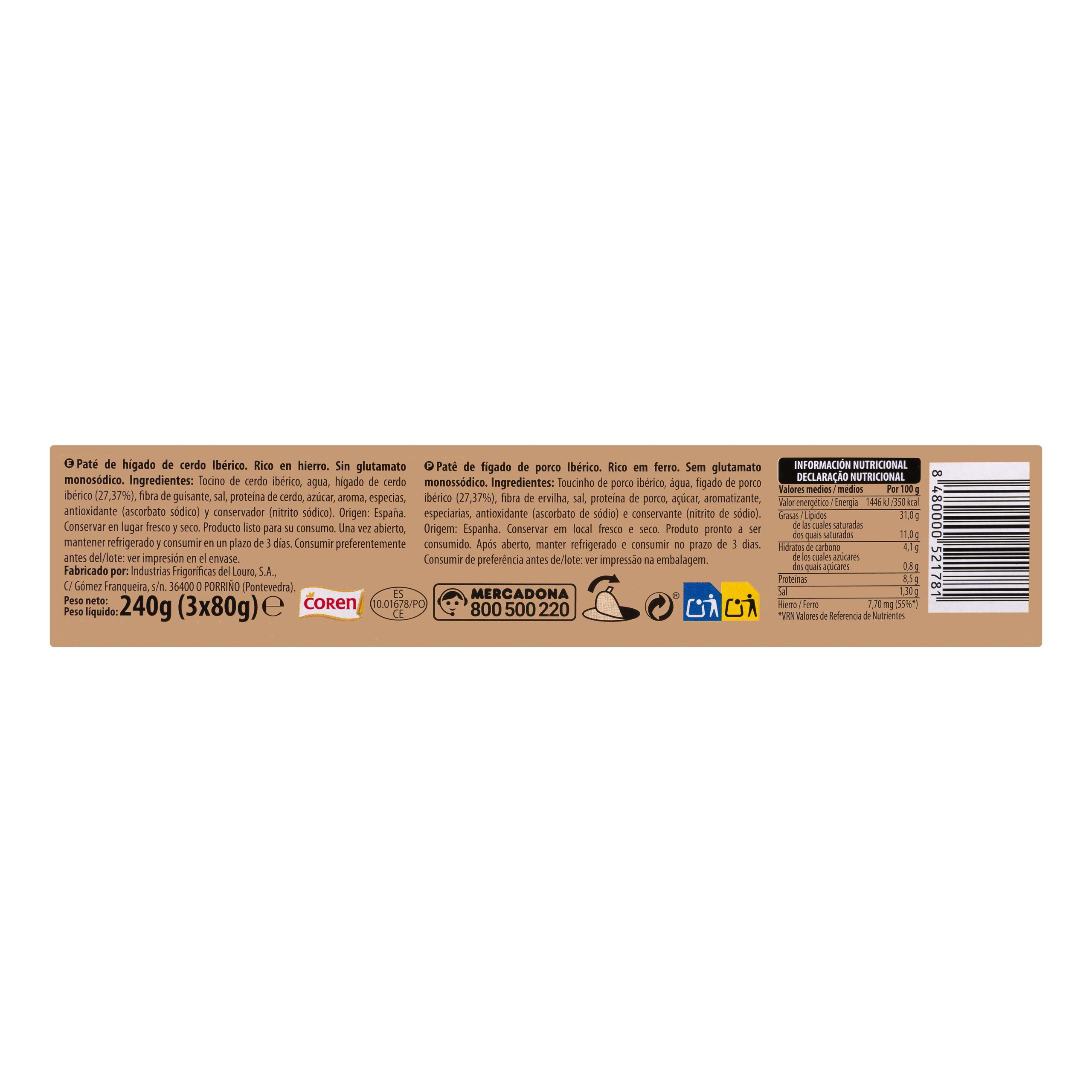Etiqueta Paté de cerdo ibérico Hacendado