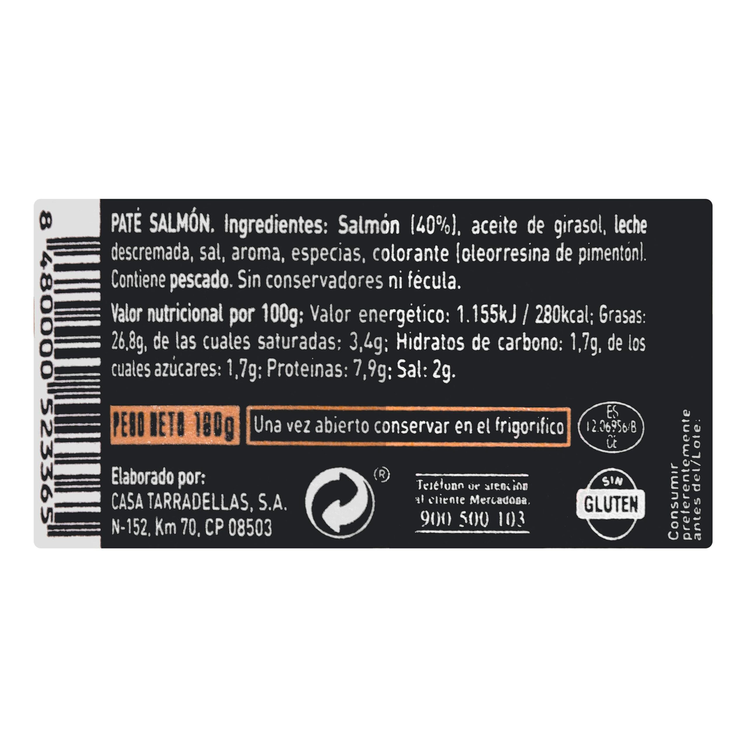 Etiqueta Paté de salmón Hacendado