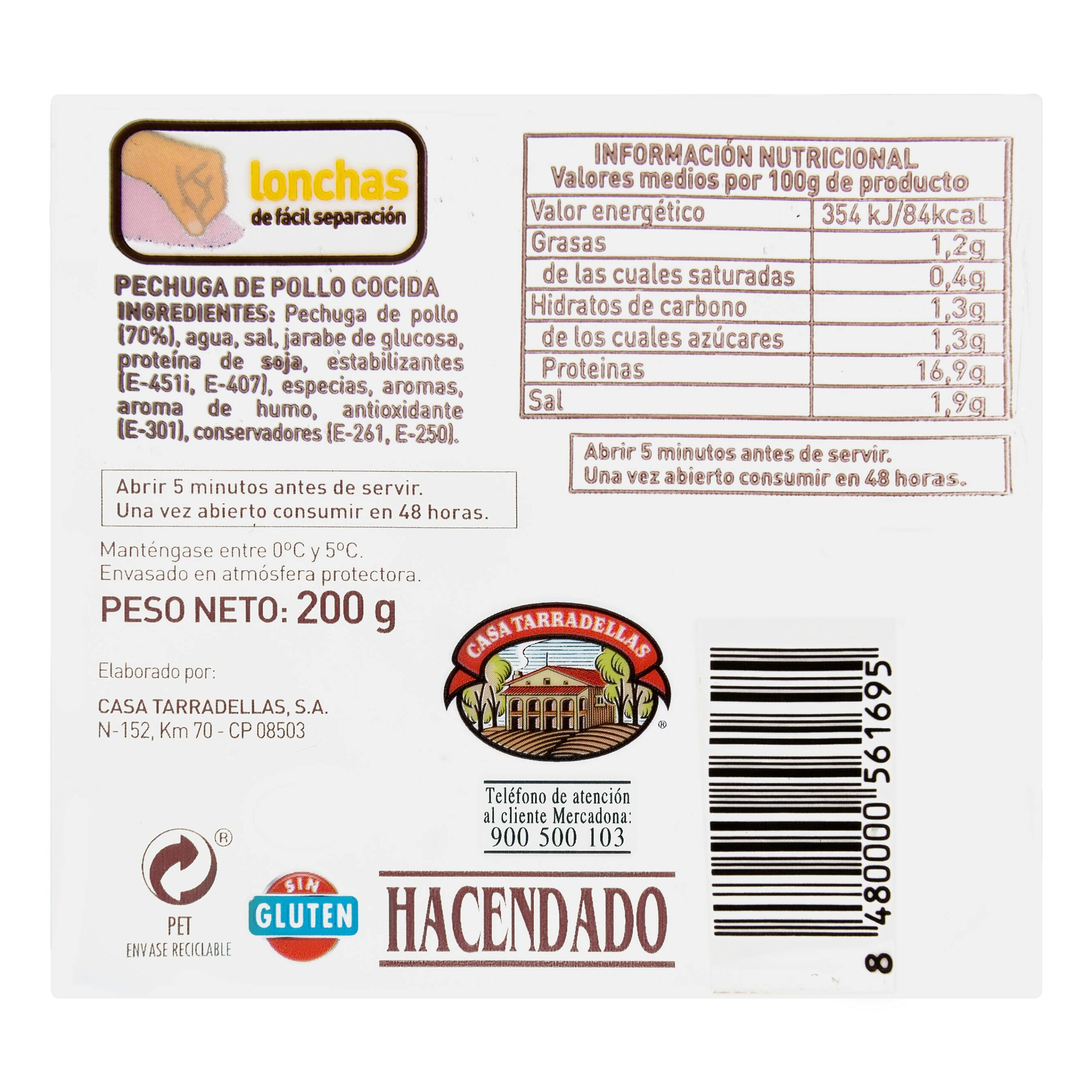 Etiqueta Pechuga de pollo braseada Hacendado finas lonchas