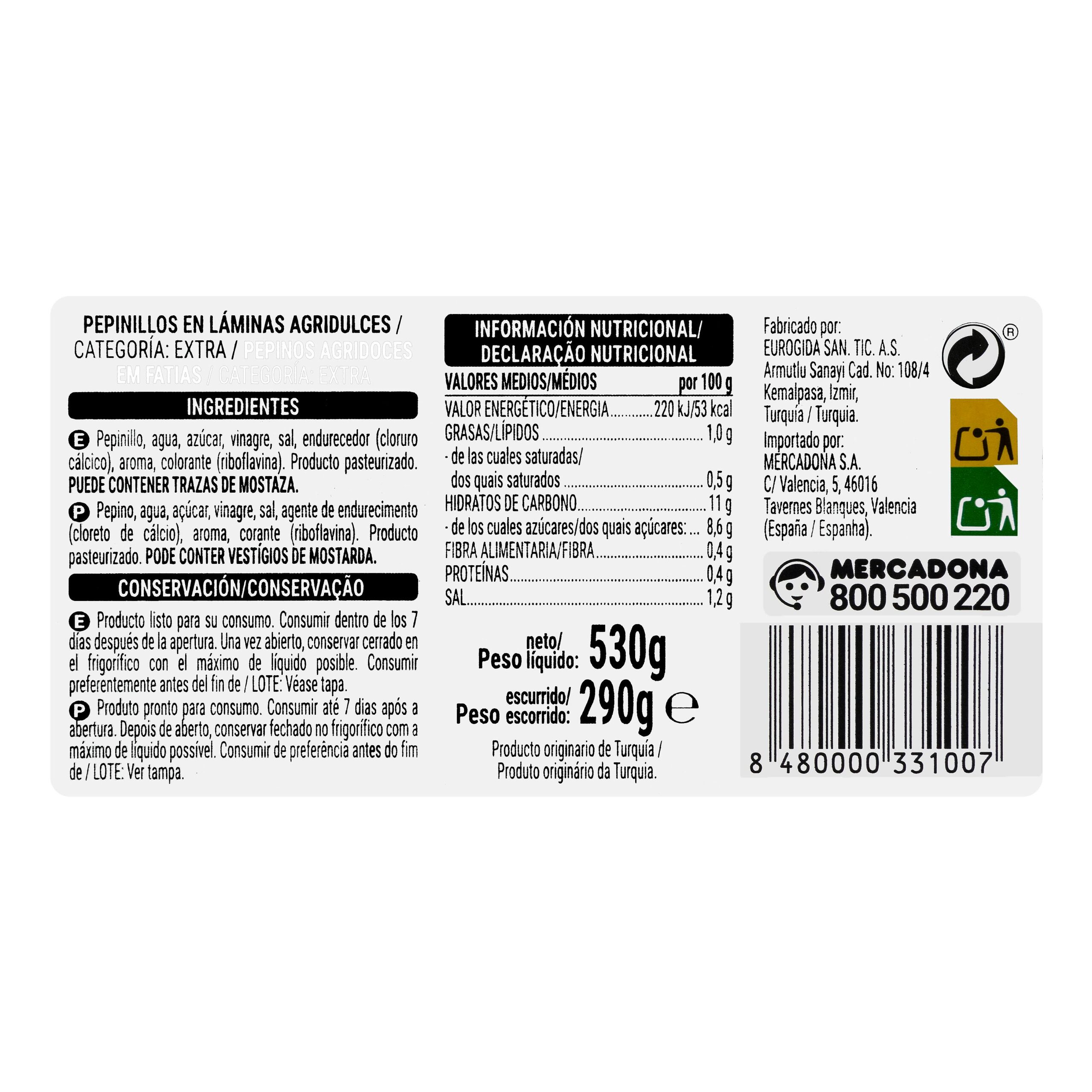 Etiqueta Pepinillos laminados agridulces Hacendado