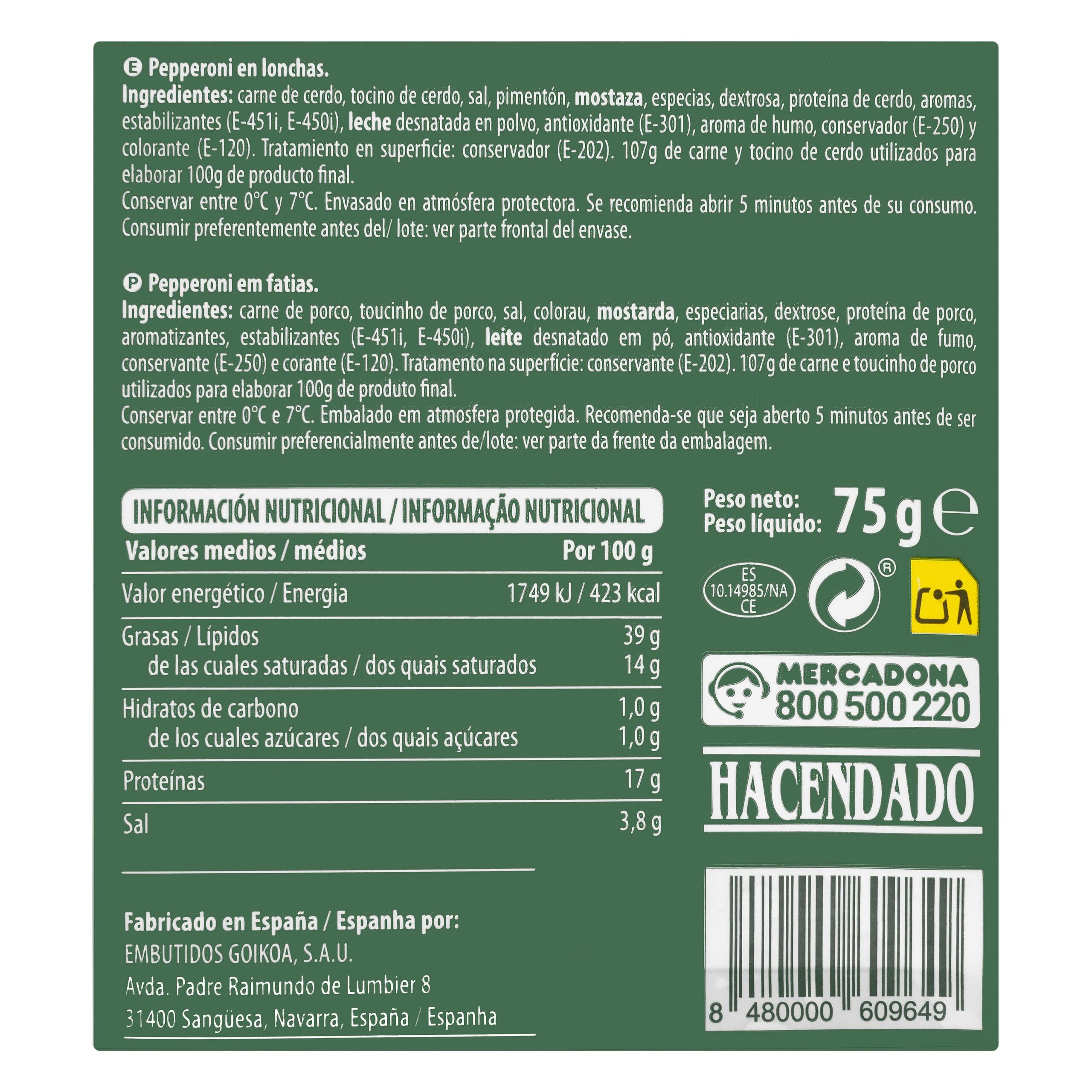 Etiqueta Pepperoni en lonchas Hacendado