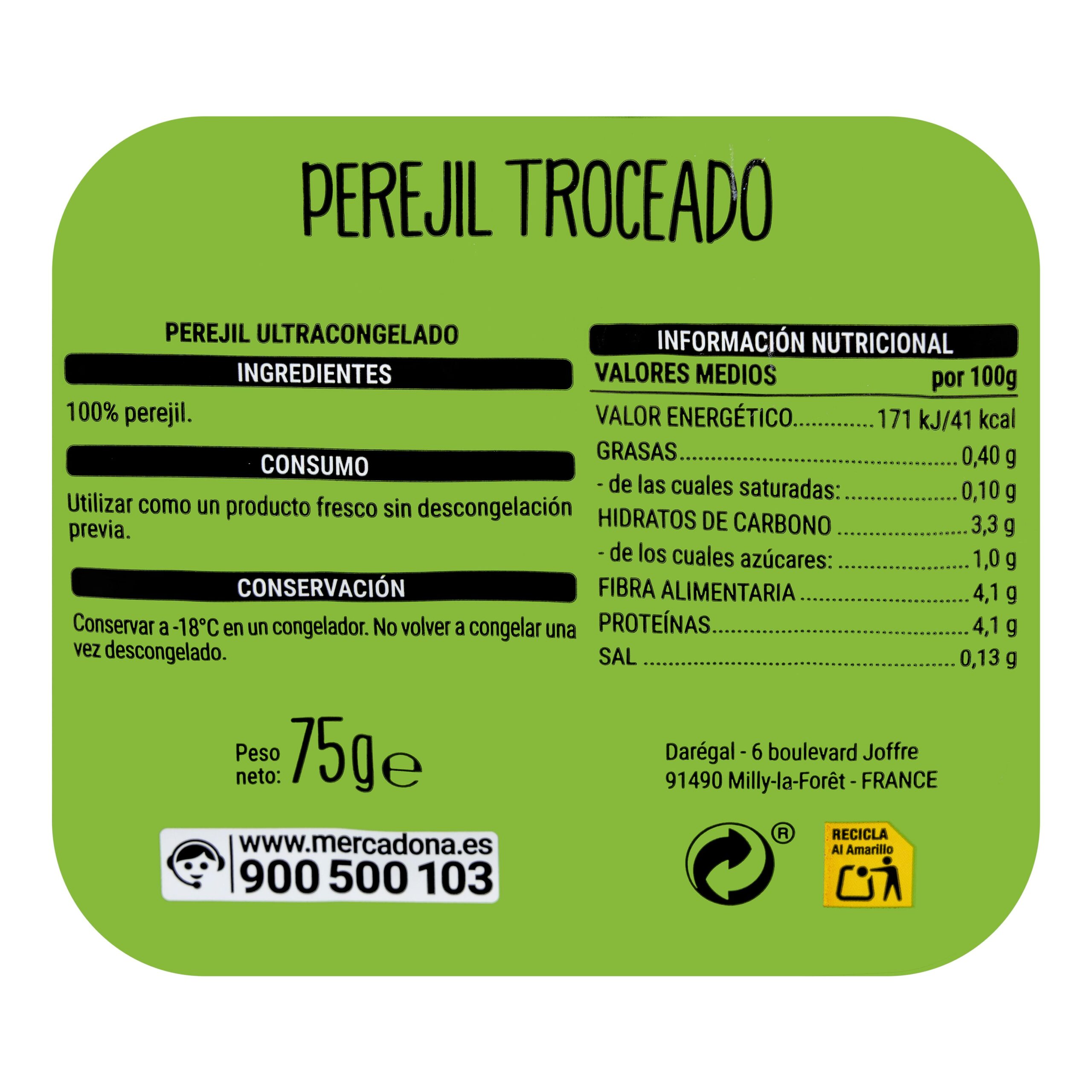 Etiqueta Perejil troceado Hacendado ultracongelado