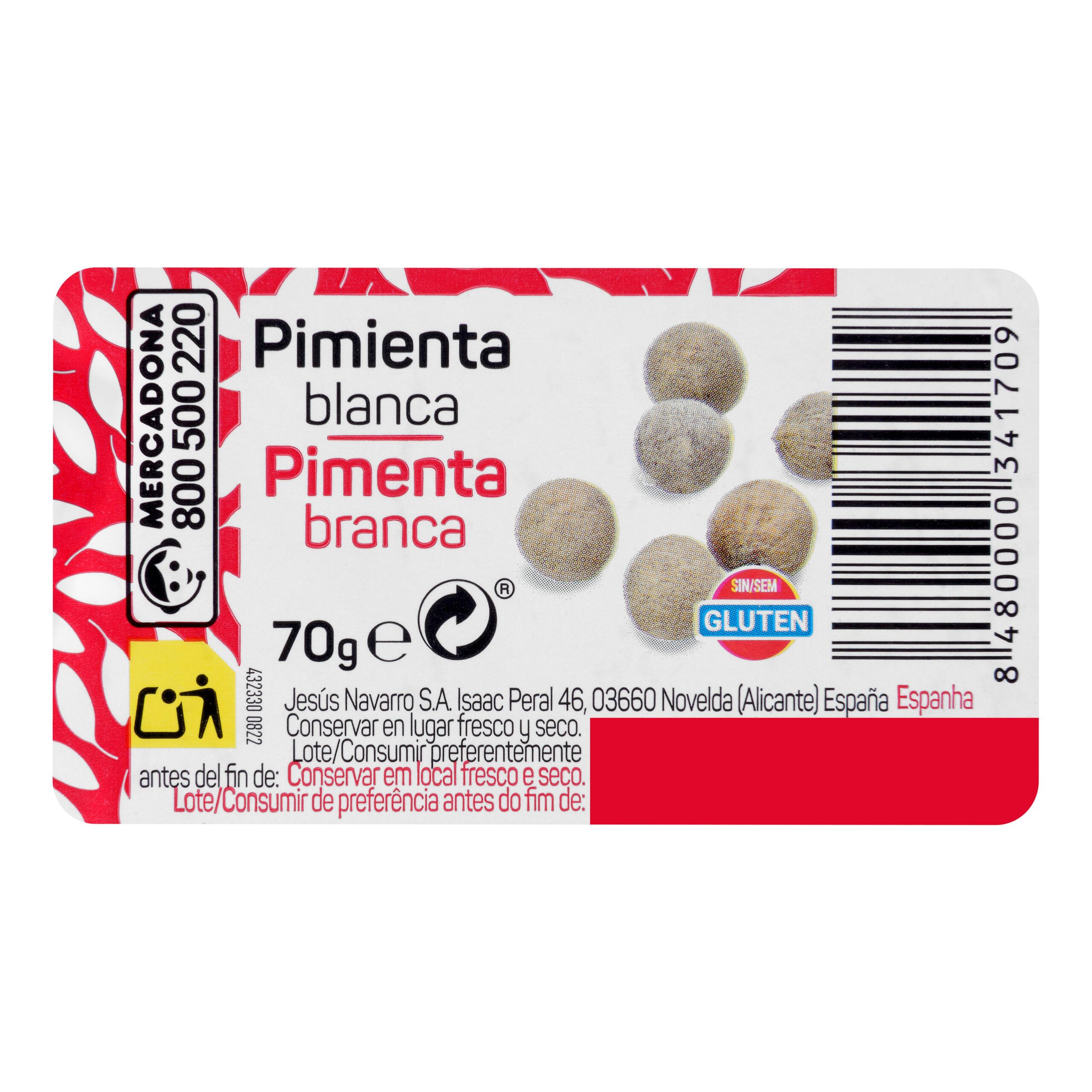 Etiqueta Pimienta blanca molida Hacendado