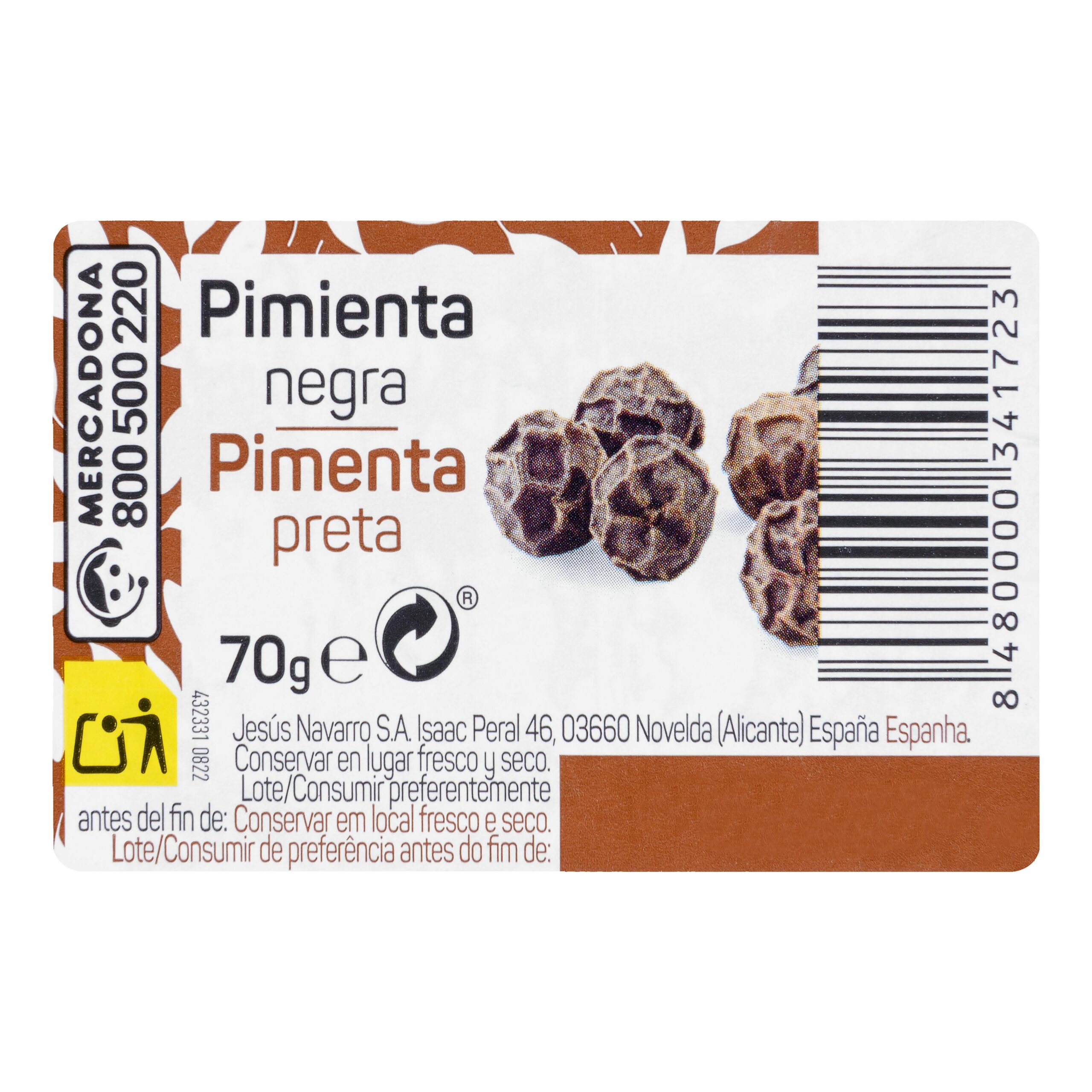 Etiqueta Pimienta negra en grano Hacendado