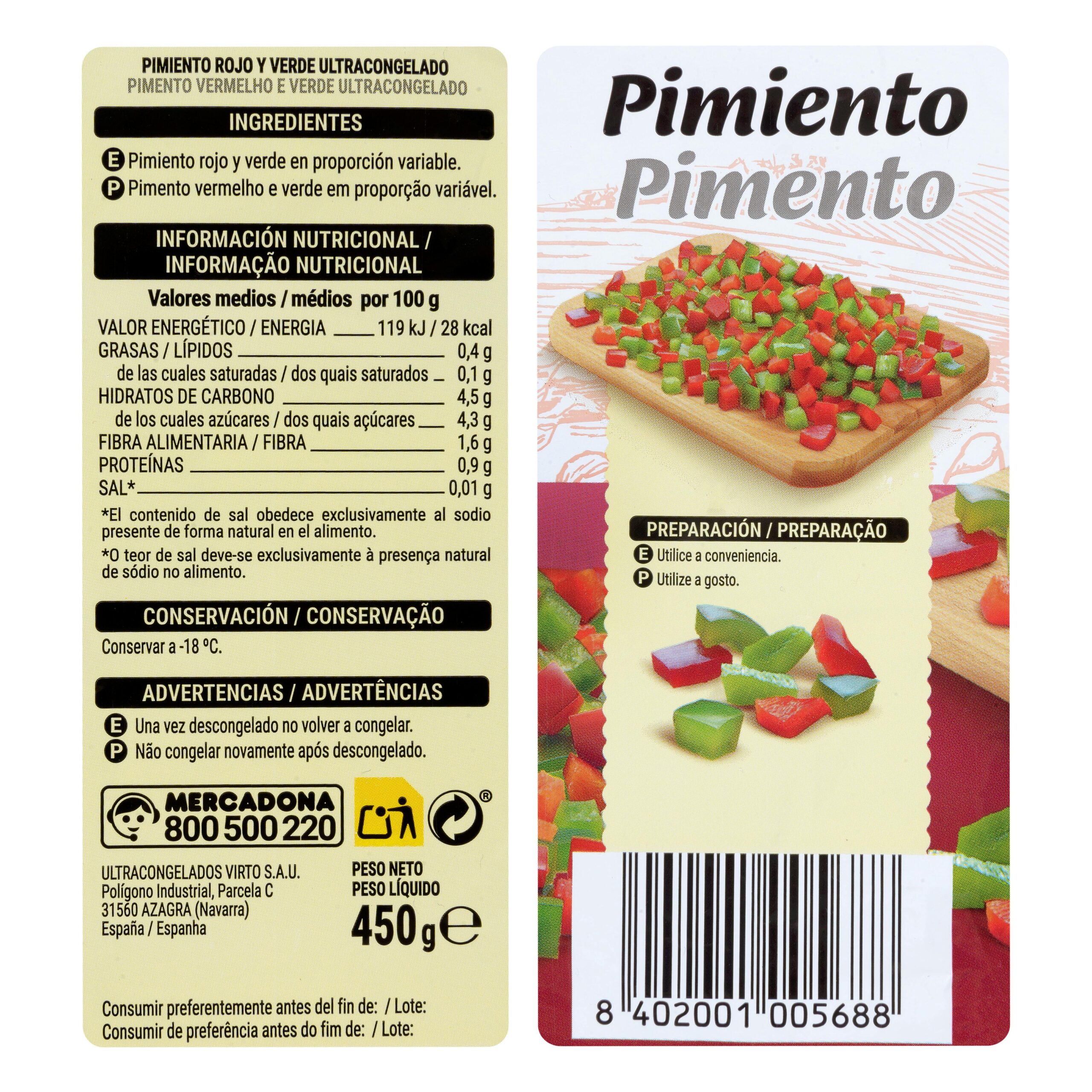 Etiqueta Pimiento rojo y verde Hacendado ultracongelado