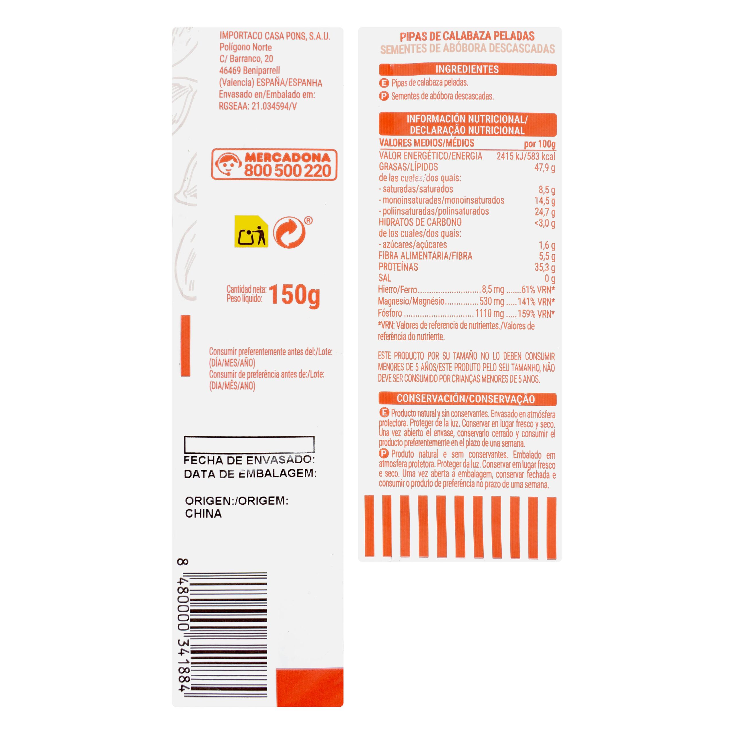 Etiqueta Pipas de calabaza natural Hacendado peladas