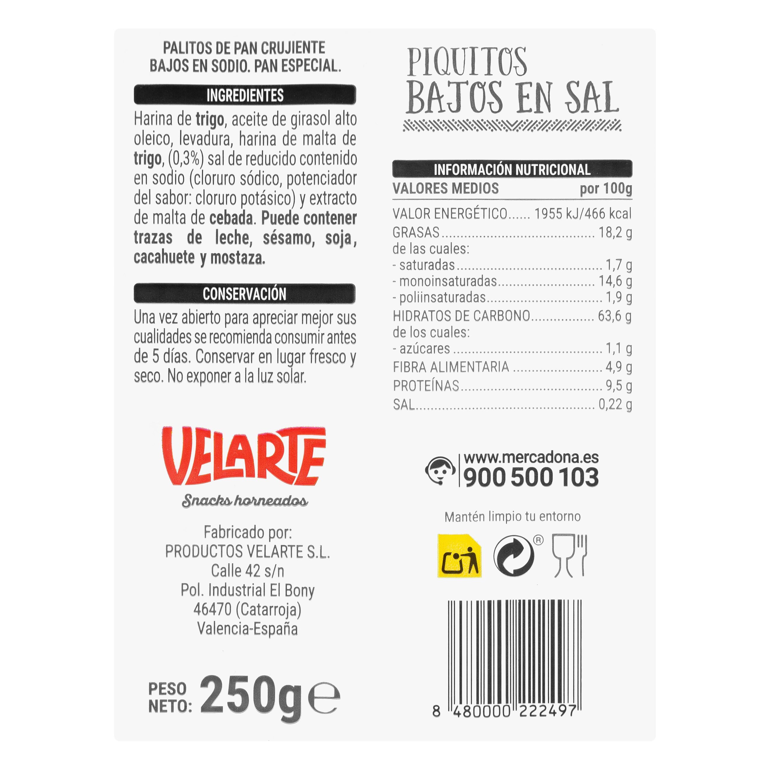 Etiqueta Piquitos bajos en sal Hacendado
