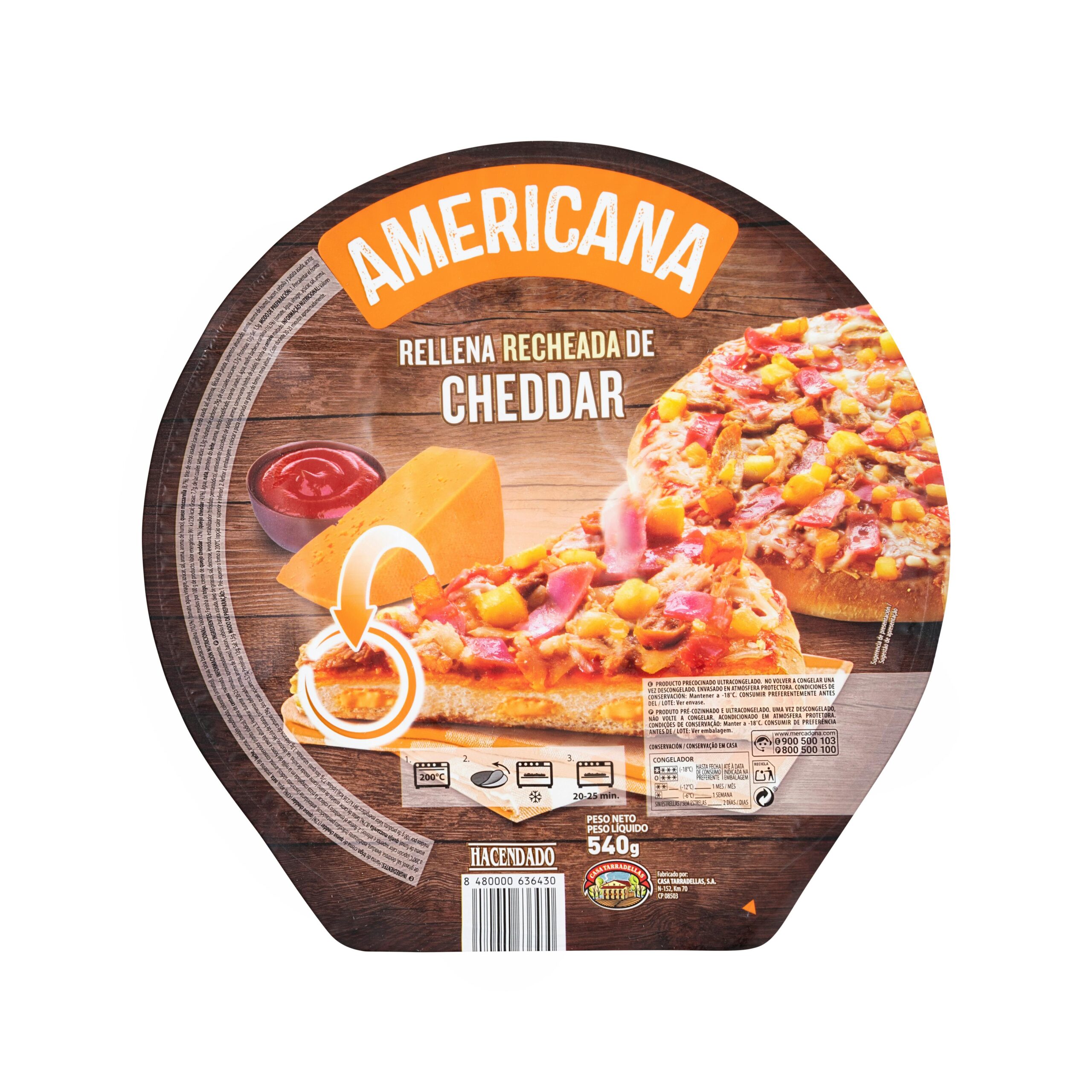 Pizza americana rellena de cheddar Hacendado ultracongelada Mercadona