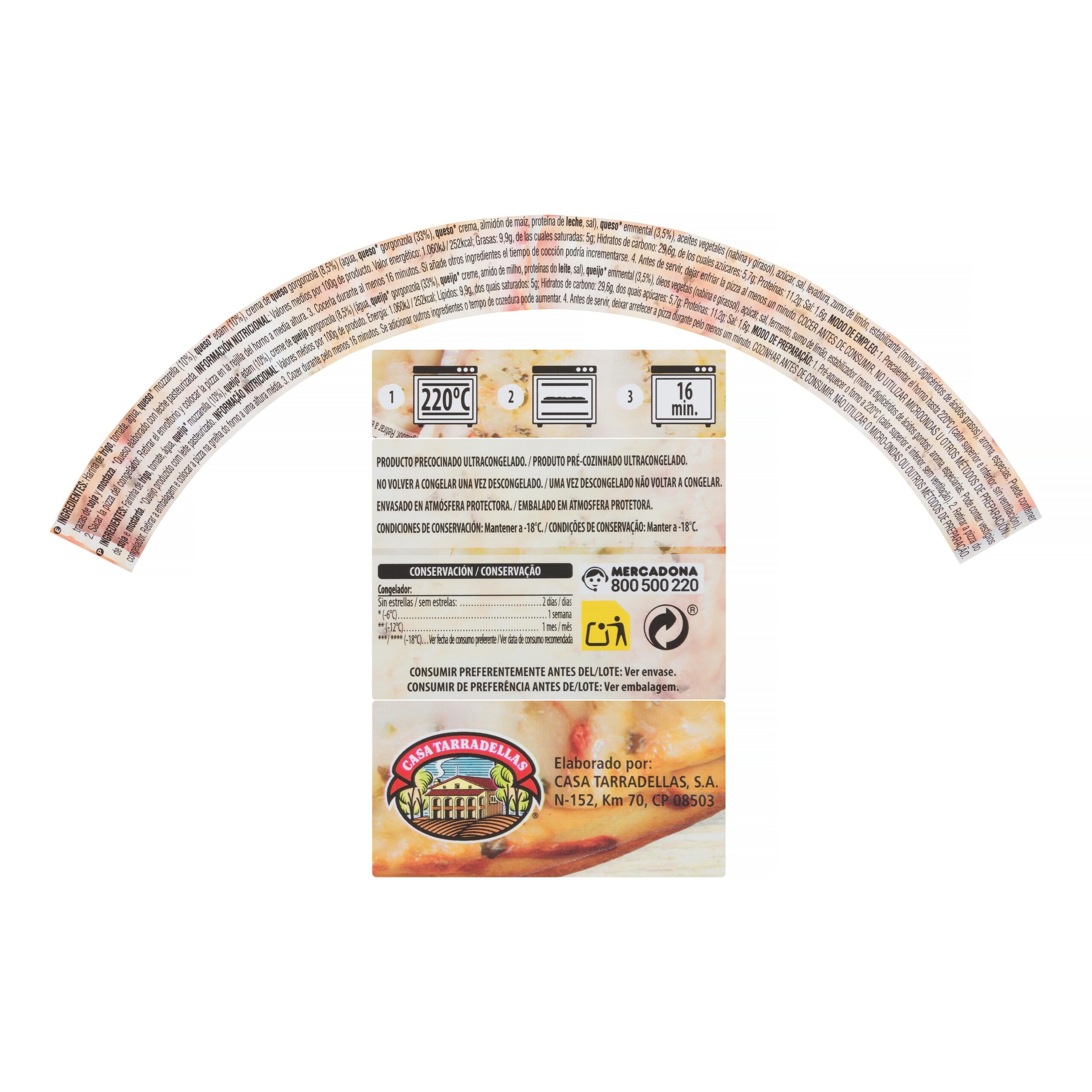 Etiqueta Pizza masa fina 4 quesos Hacendado ultracongelada