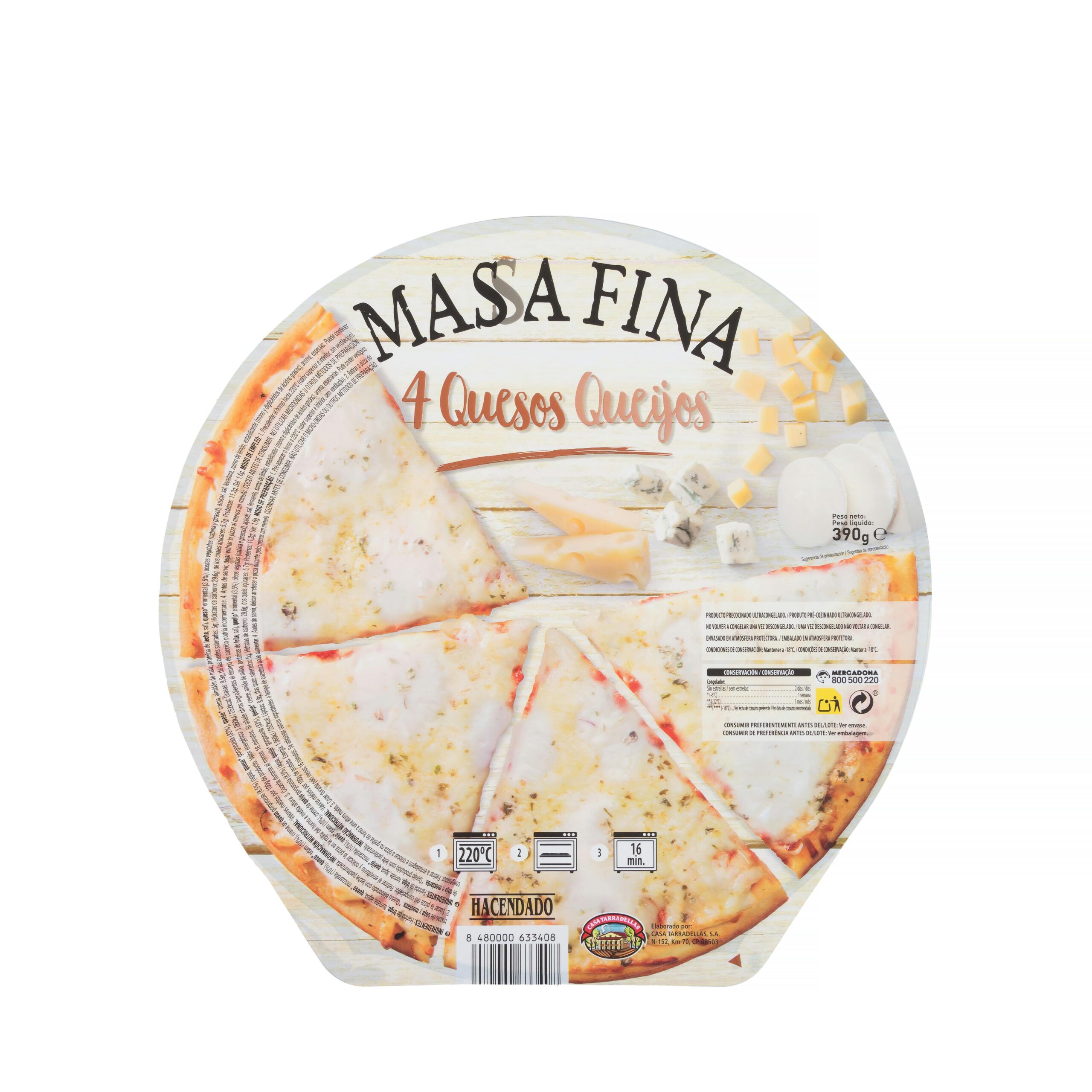 Pizza masa fina 4 quesos Hacendado ultracongelada Mercadona