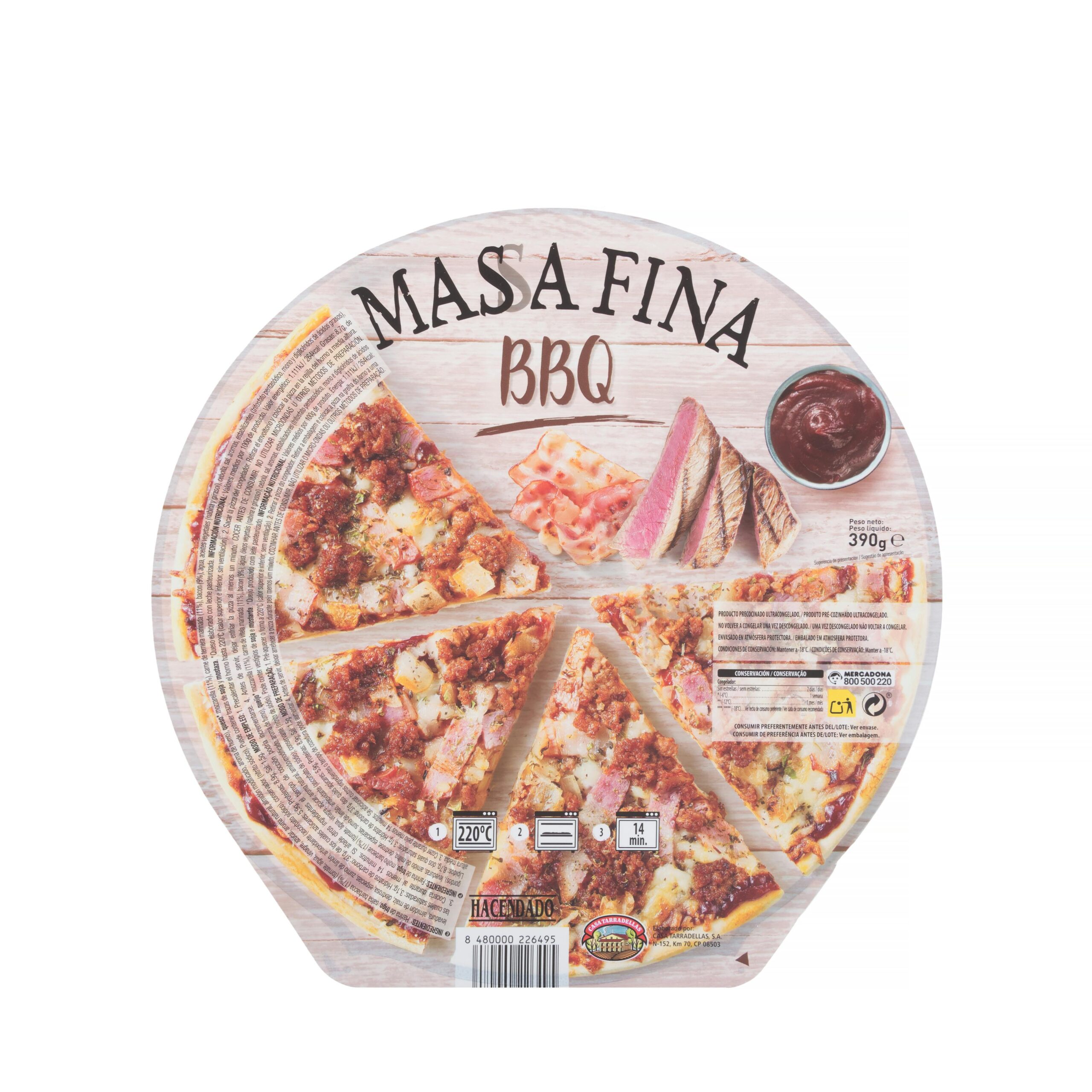 Pizza masa fina Barbacoa Hacendado ultracongelada Mercadona