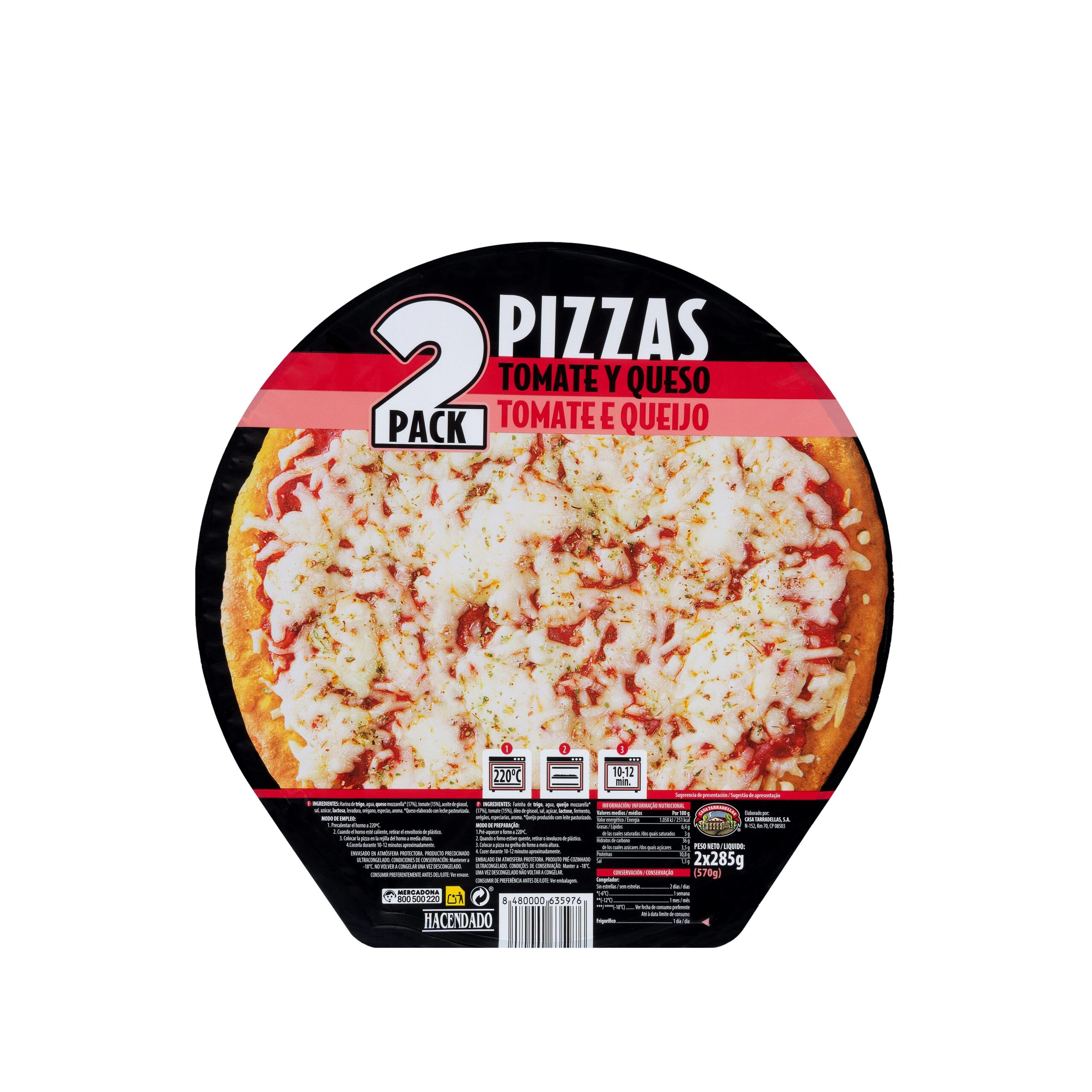Pizzas tomate y queso Hacendado ultracongeladas Mercadona