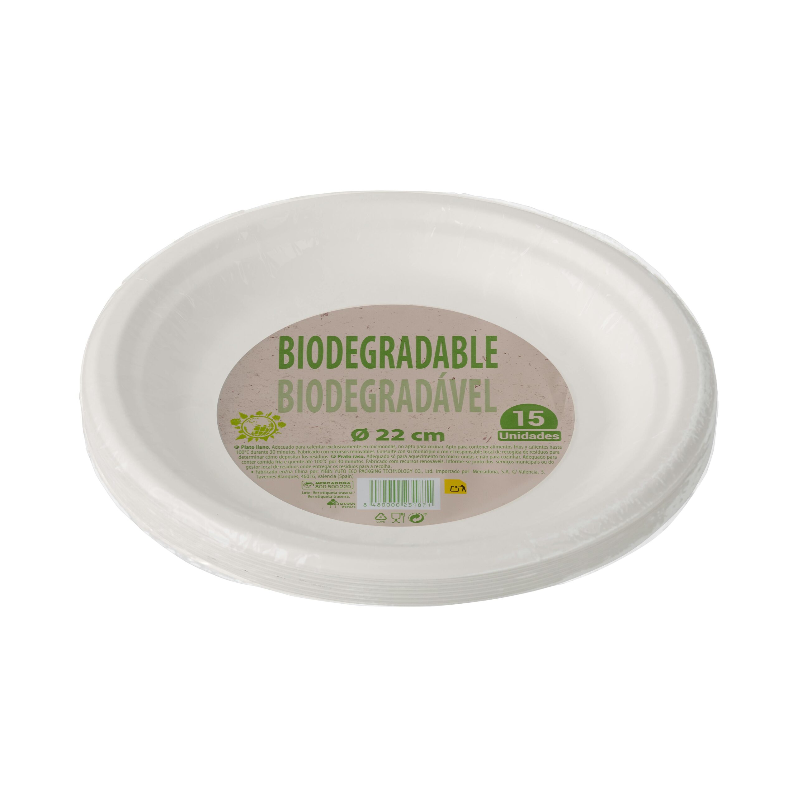 Plato llano biodegradable Bosque Verde 22 cm Mercadona
