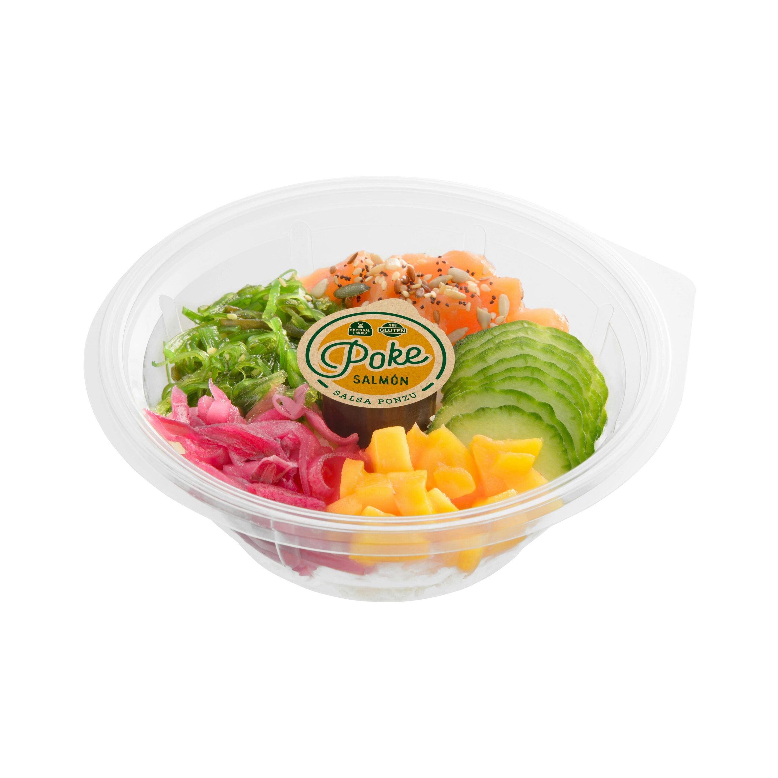 Poke salmón contine arroz cocido, salmón, mango, pepino, ensalada wakame, cebolla encurtida, mezcla de semillas y salsa de soja Mercadona