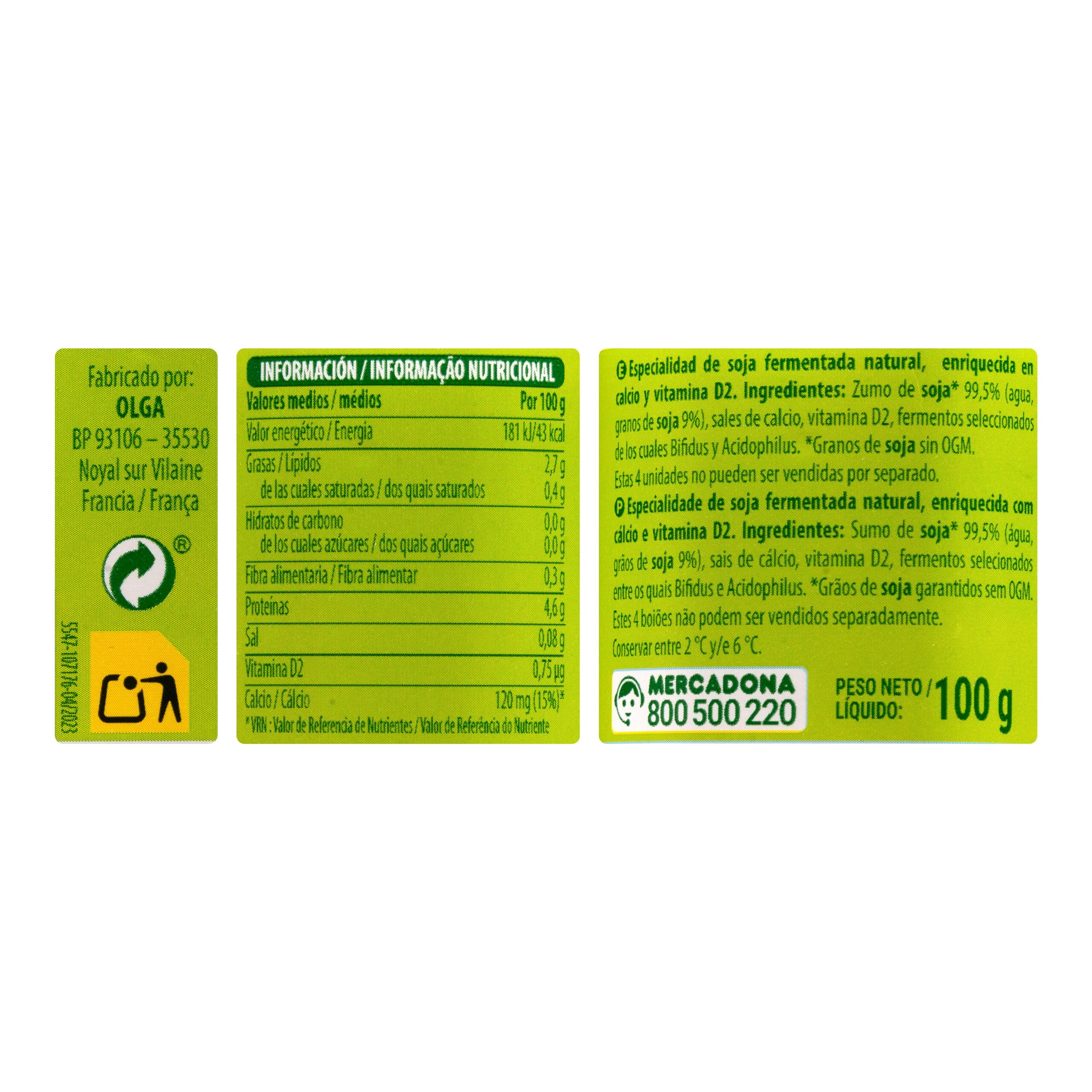 Etiqueta Postre de soja Hacendado natural