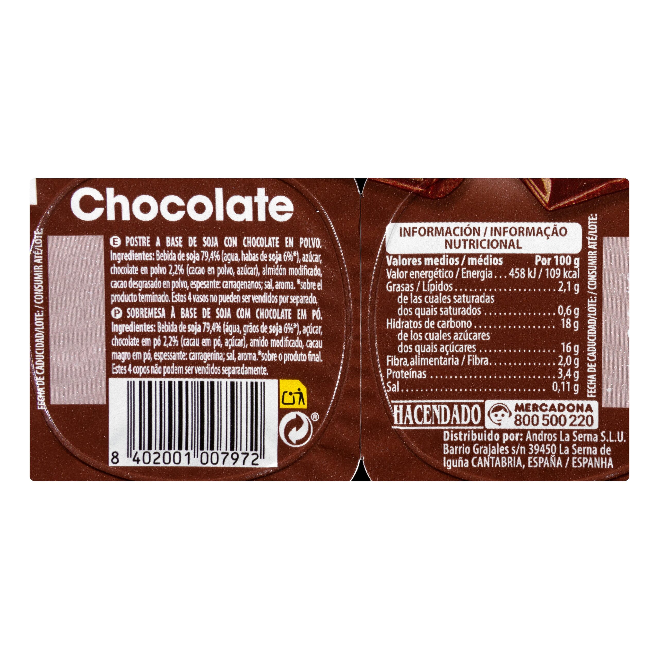 Etiqueta Postre de soja Hacendado sabor chocolate