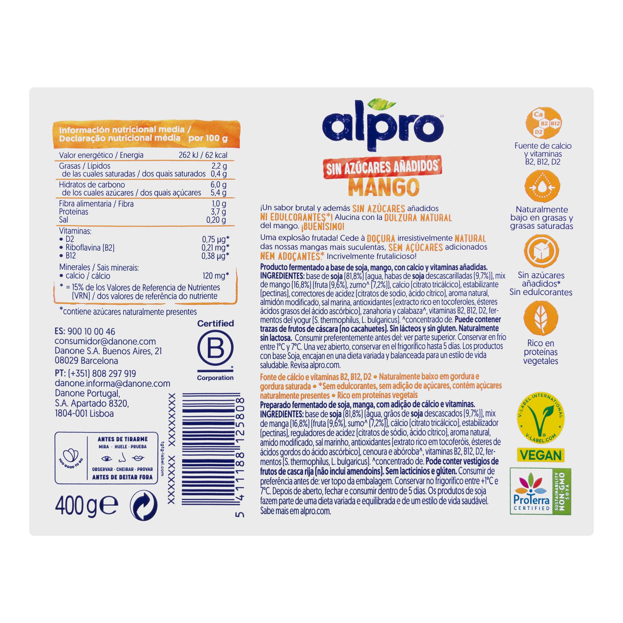 Etiqueta Postre de soja sabor mango Alpro sin azúcares añadidos