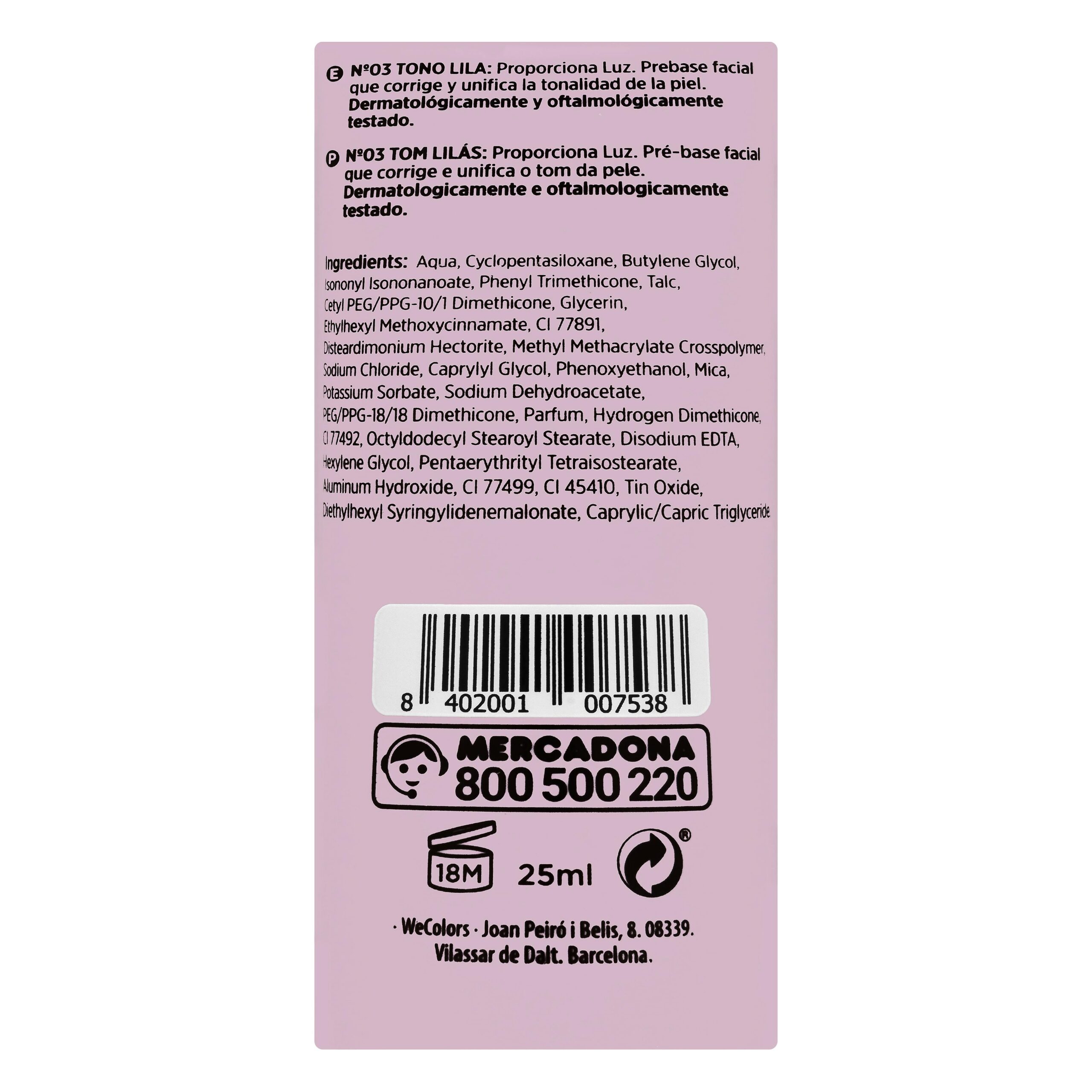 Etiqueta Prebase corrector Primer Deliplus 03 tono lila proporciona luz