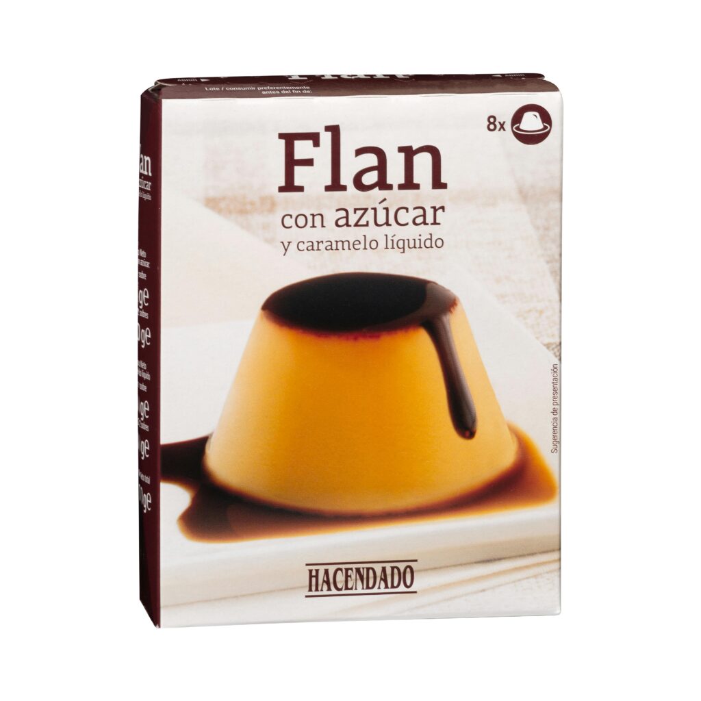 Preparado en polvo flan Hacendado 8 raciones contiene azúcar y caramelo líquido
