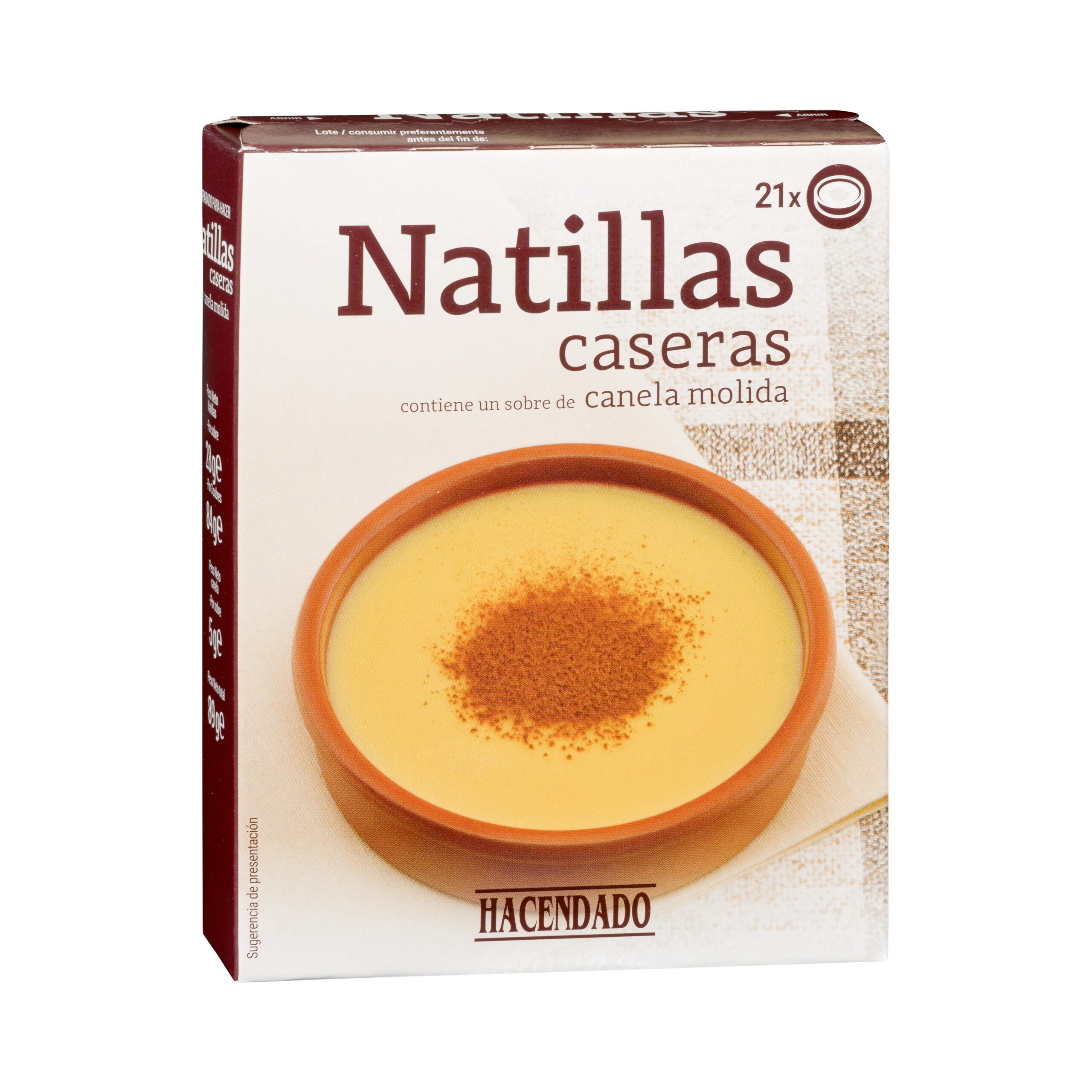 Preparado en polvo natillas Hacendado 21 raciones contiene un sobre de canela molida Mercadona