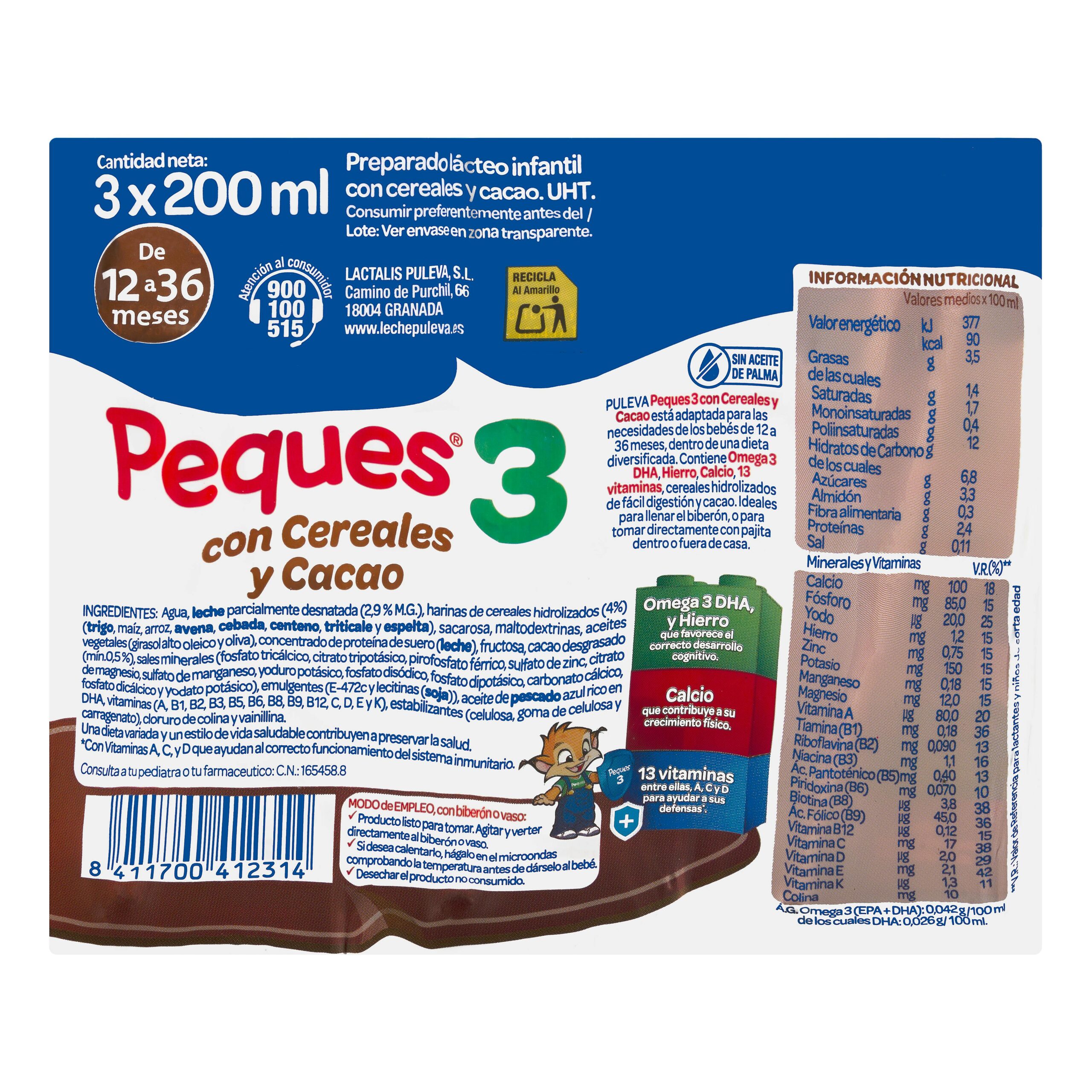 Etiqueta Preparado lácteo cereales al cacao Peques 3 Puleva de 12 a 36 meses