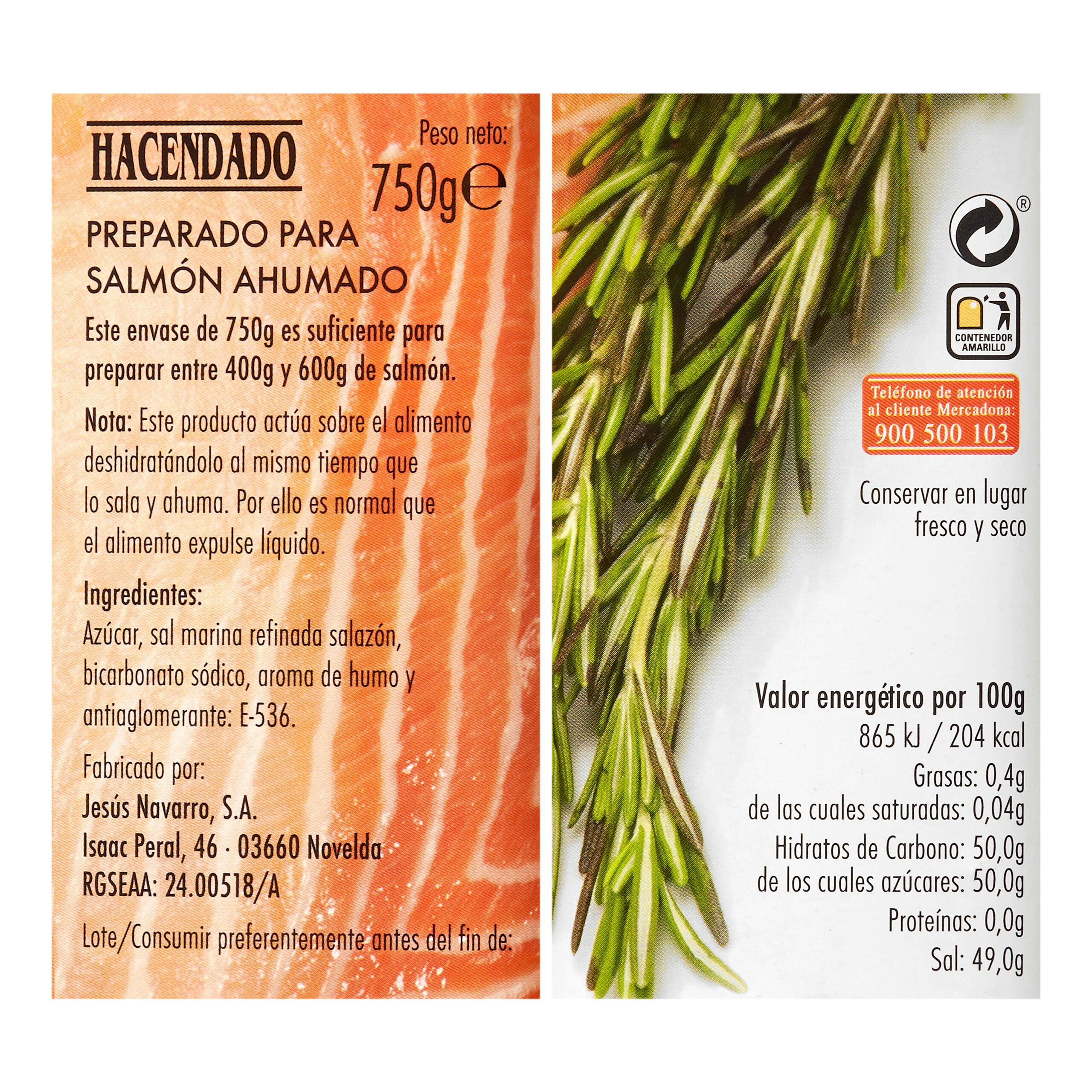 Etiqueta Preparado para salmón ahumado Hacendado